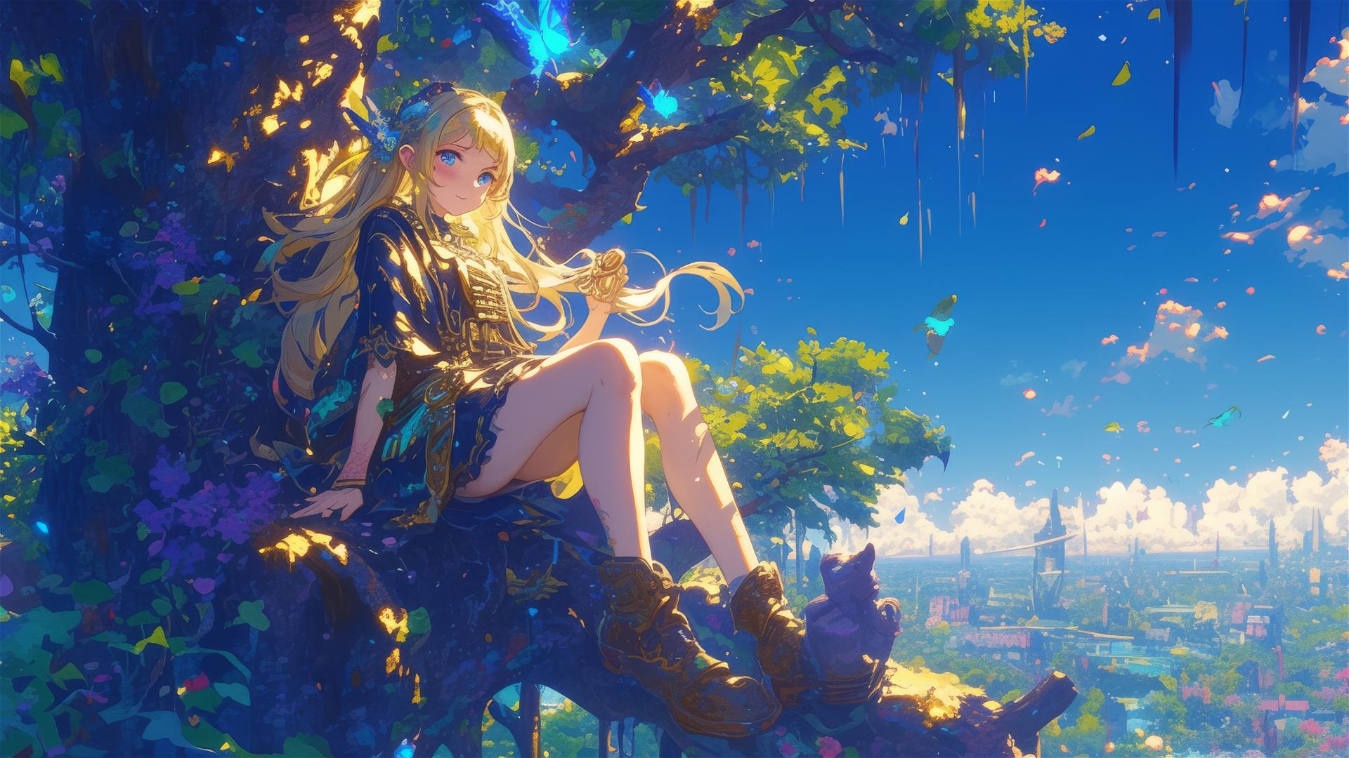 Aerial view of a fairy playing a euphonium.
