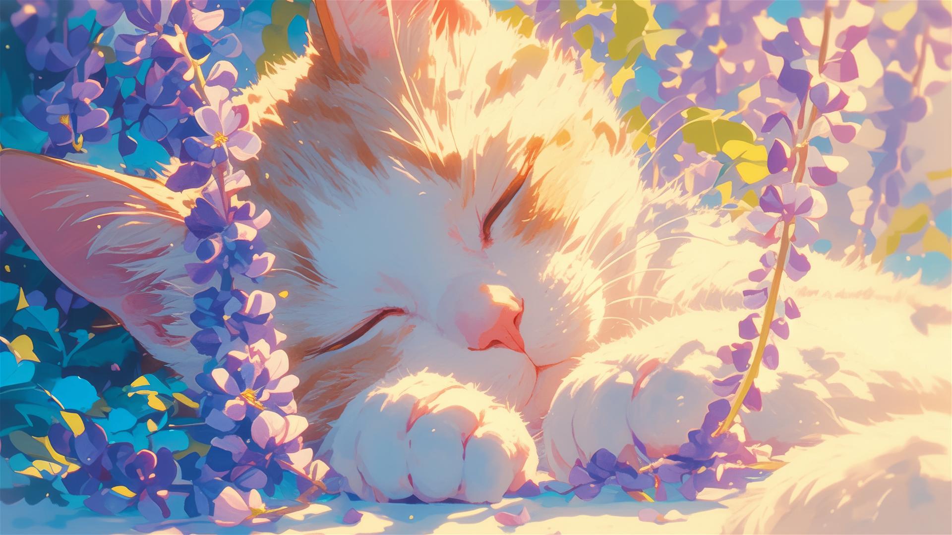Colorful Japanese animation scene with a sleeping British Shorthair cat amidst flowers.
