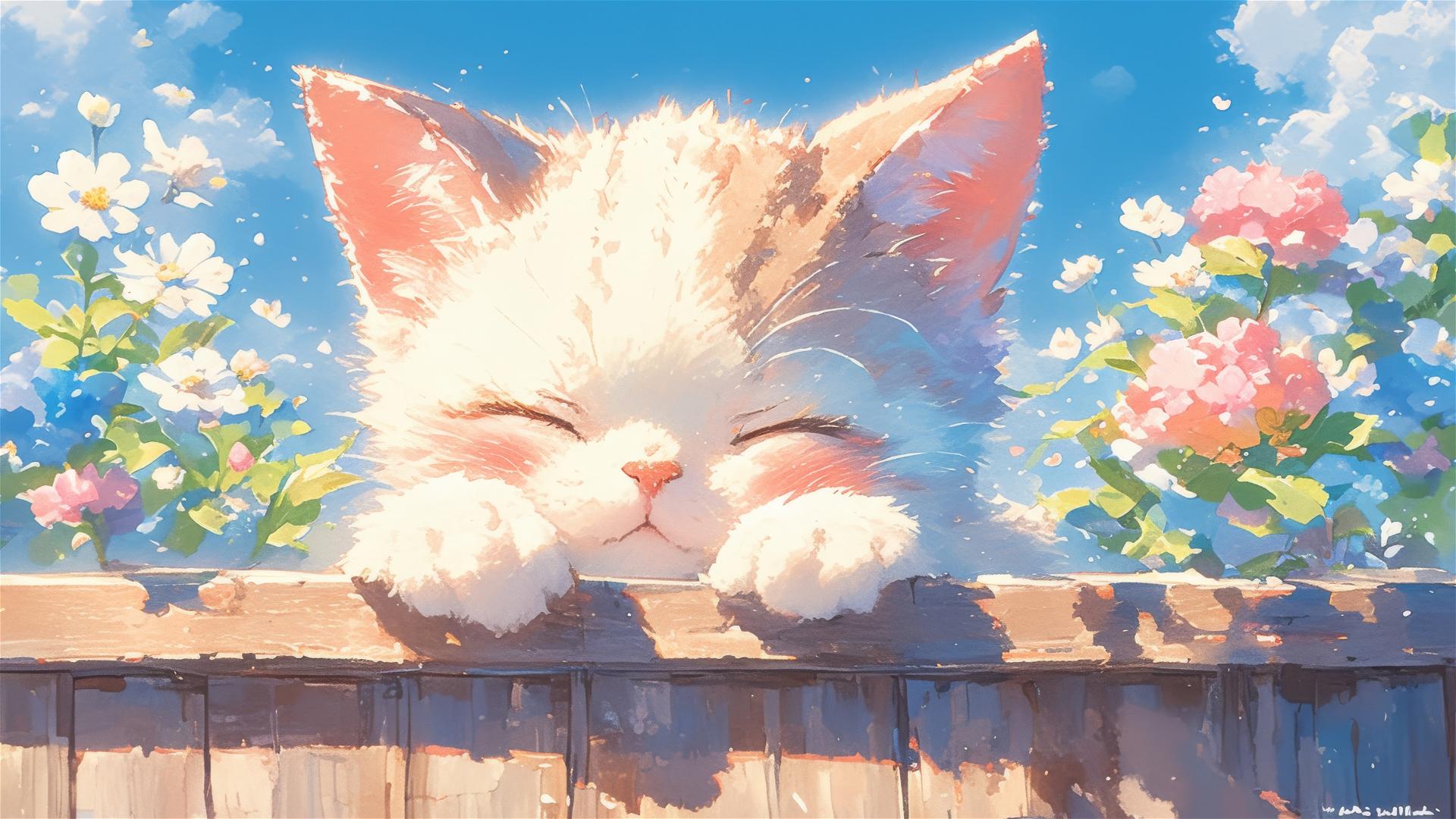 Colorful Japanese animation scene with a sleeping British Shorthair cat amidst flowers.