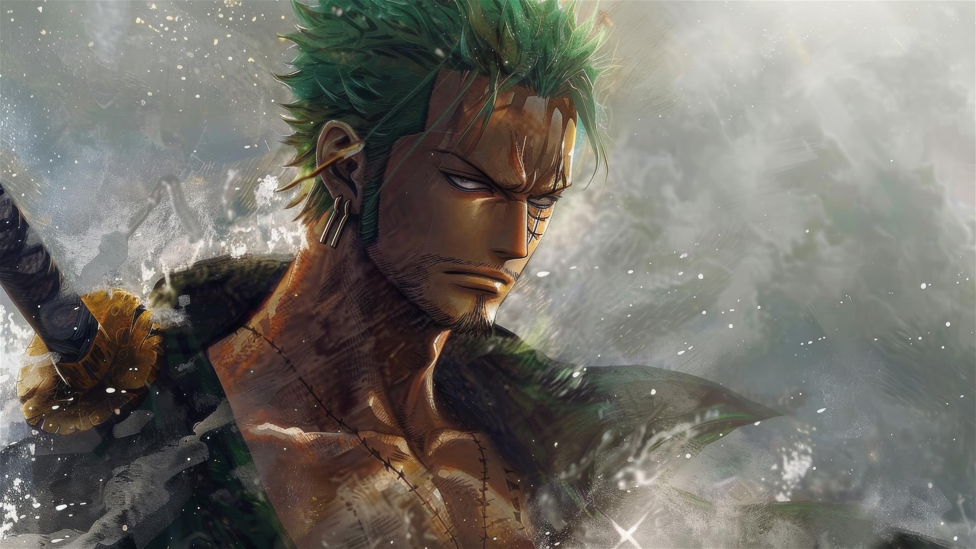 Zoro Roronoa wielding swords in One Piece style