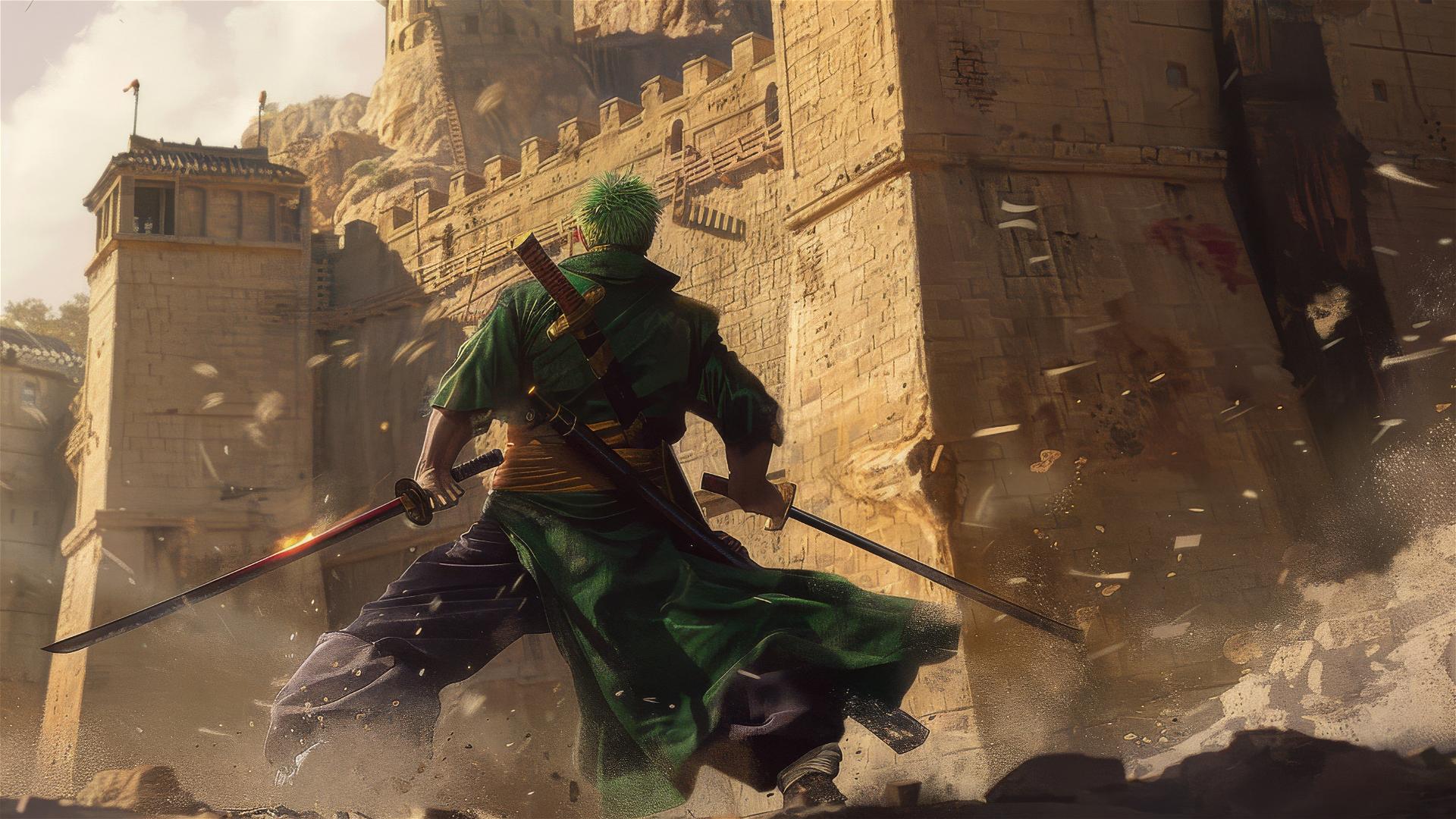 Zoro Roronoa in a realistic castle battle scene