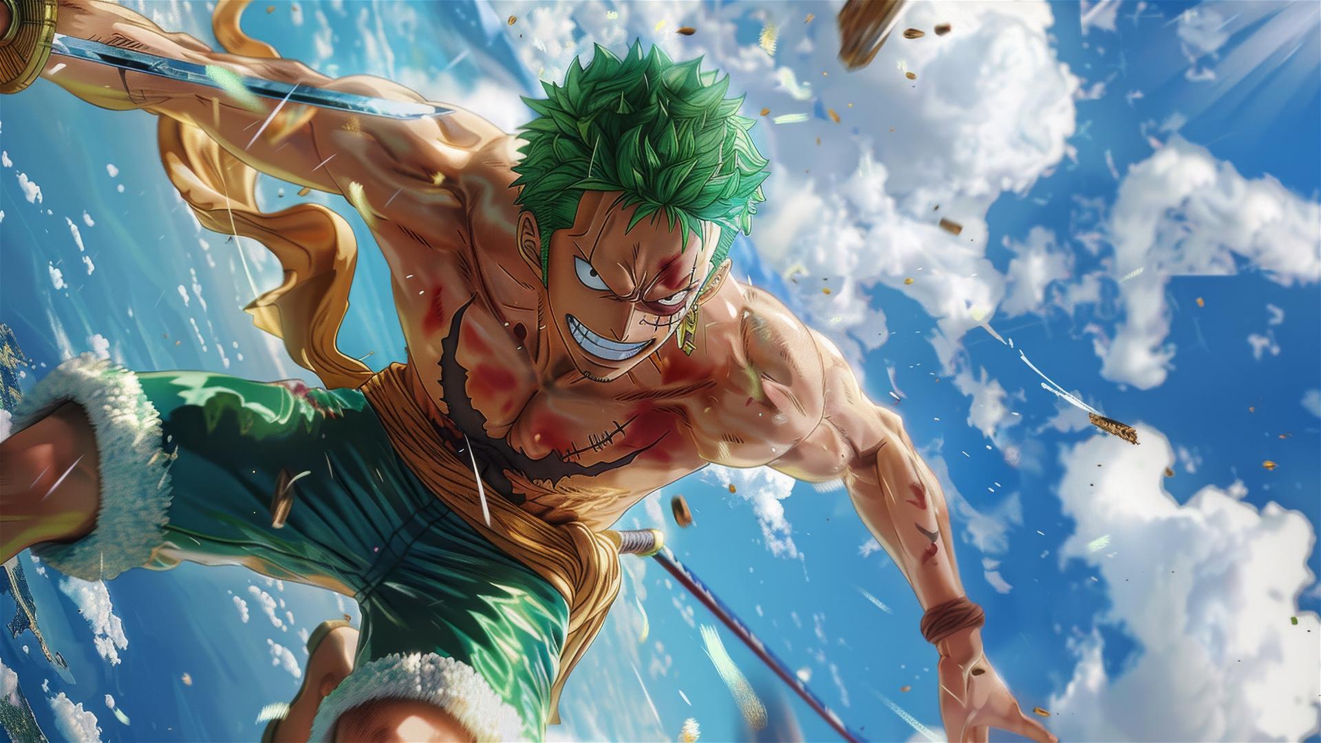 Realistic depiction of Zoro Roronoa battling in the sky.