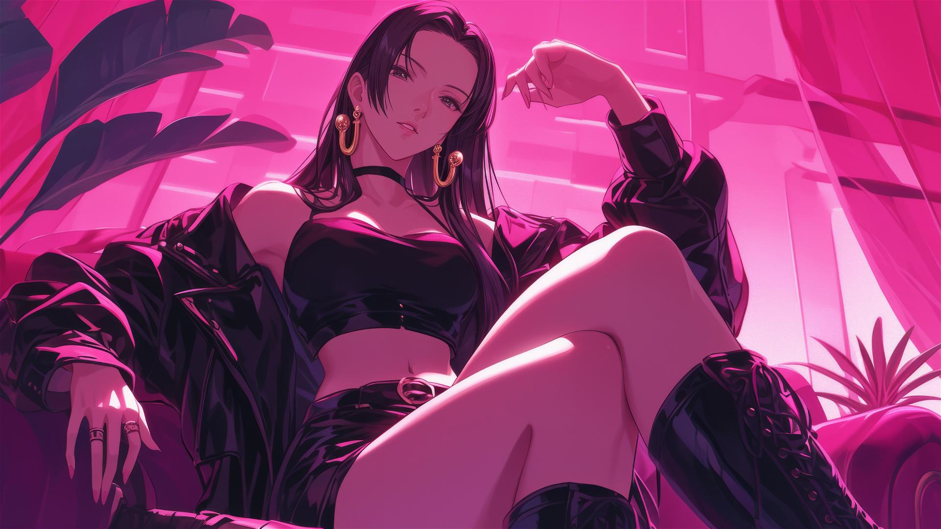 Boa Hancock in black and pink leather on bed with neon accents, hyper-realistic anime style.