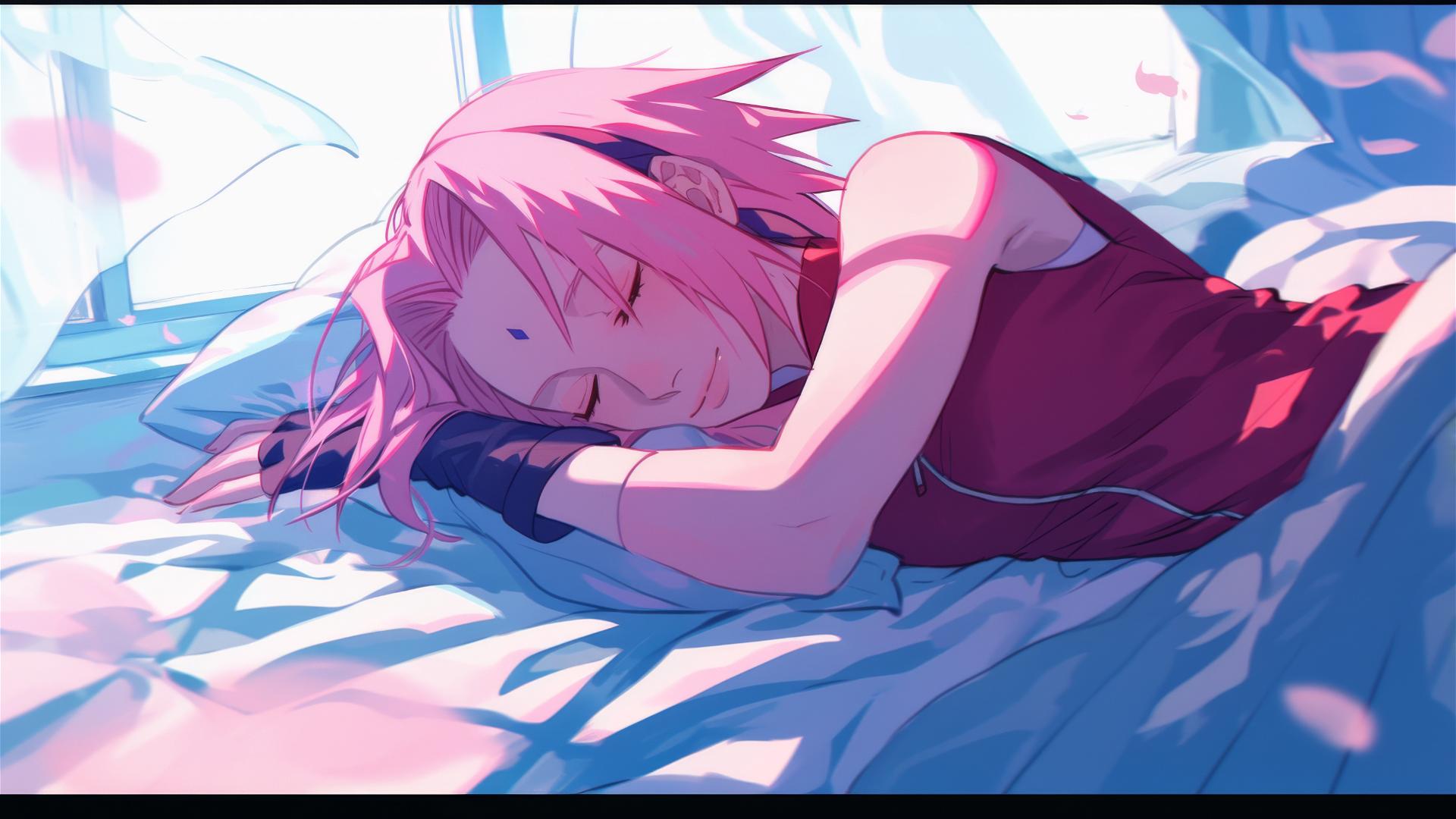 Sakura Haruno from Naruto in bed with swirling air, hyper-realistic anime style.