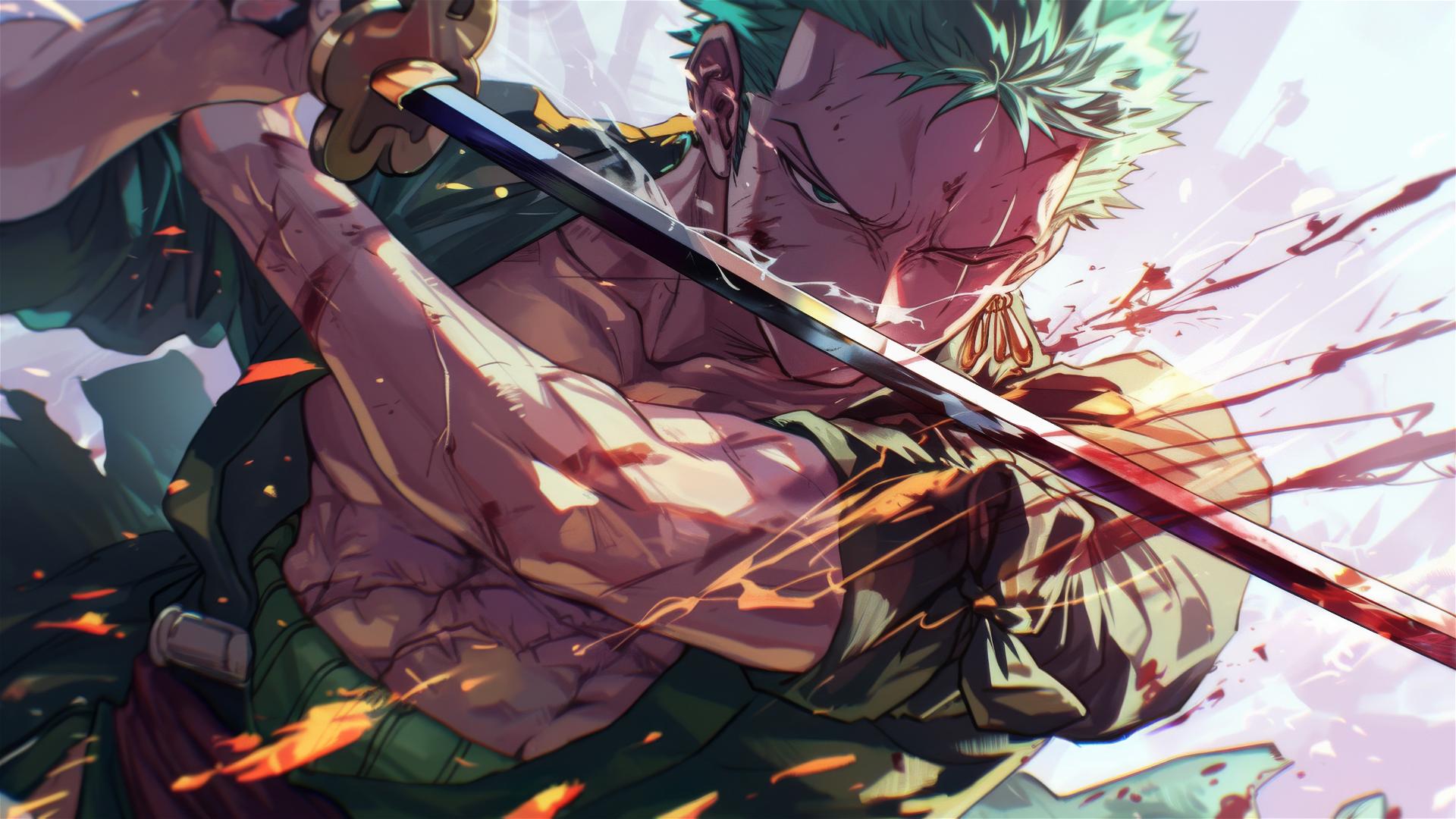 Zoro Roronoa clashing swords with an unseen foe, intense gaze.
