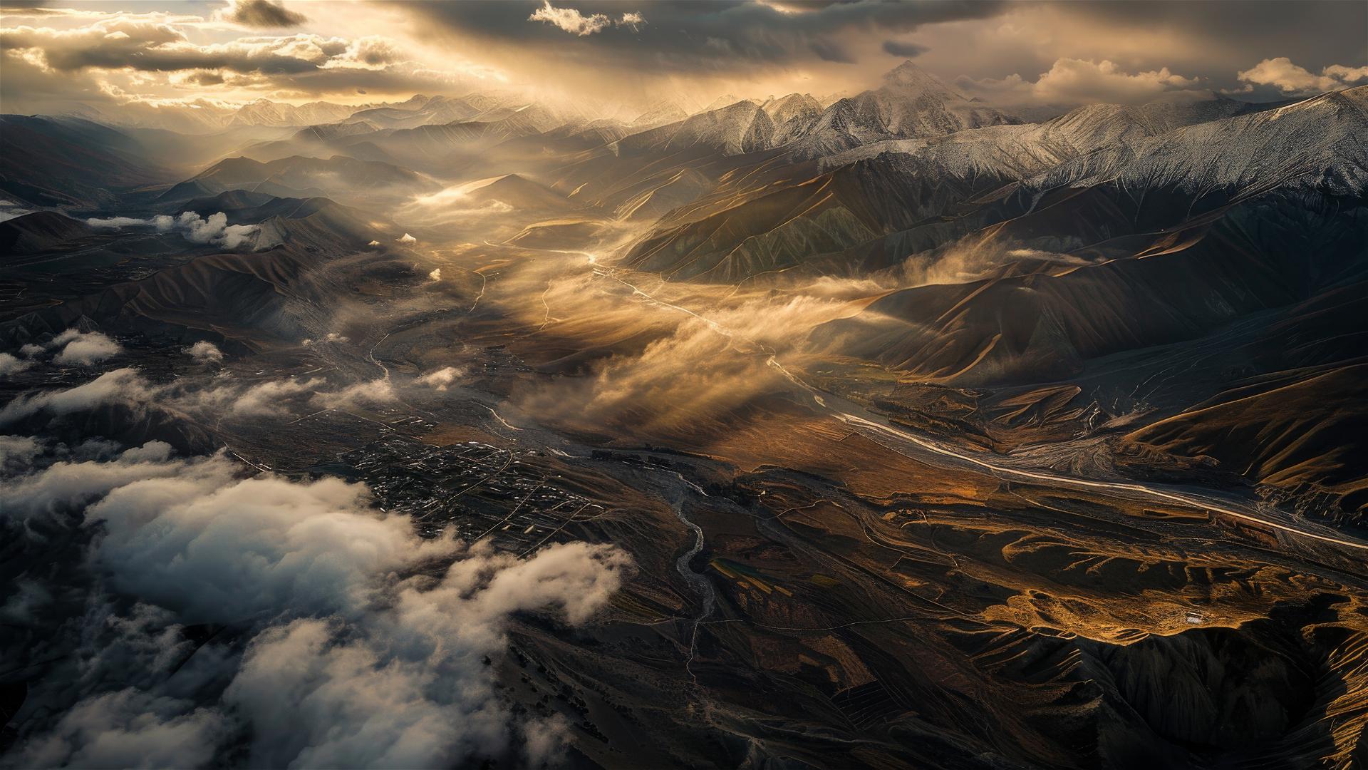 Aerial view of Tibet with contrasting light and shadows among clouds.