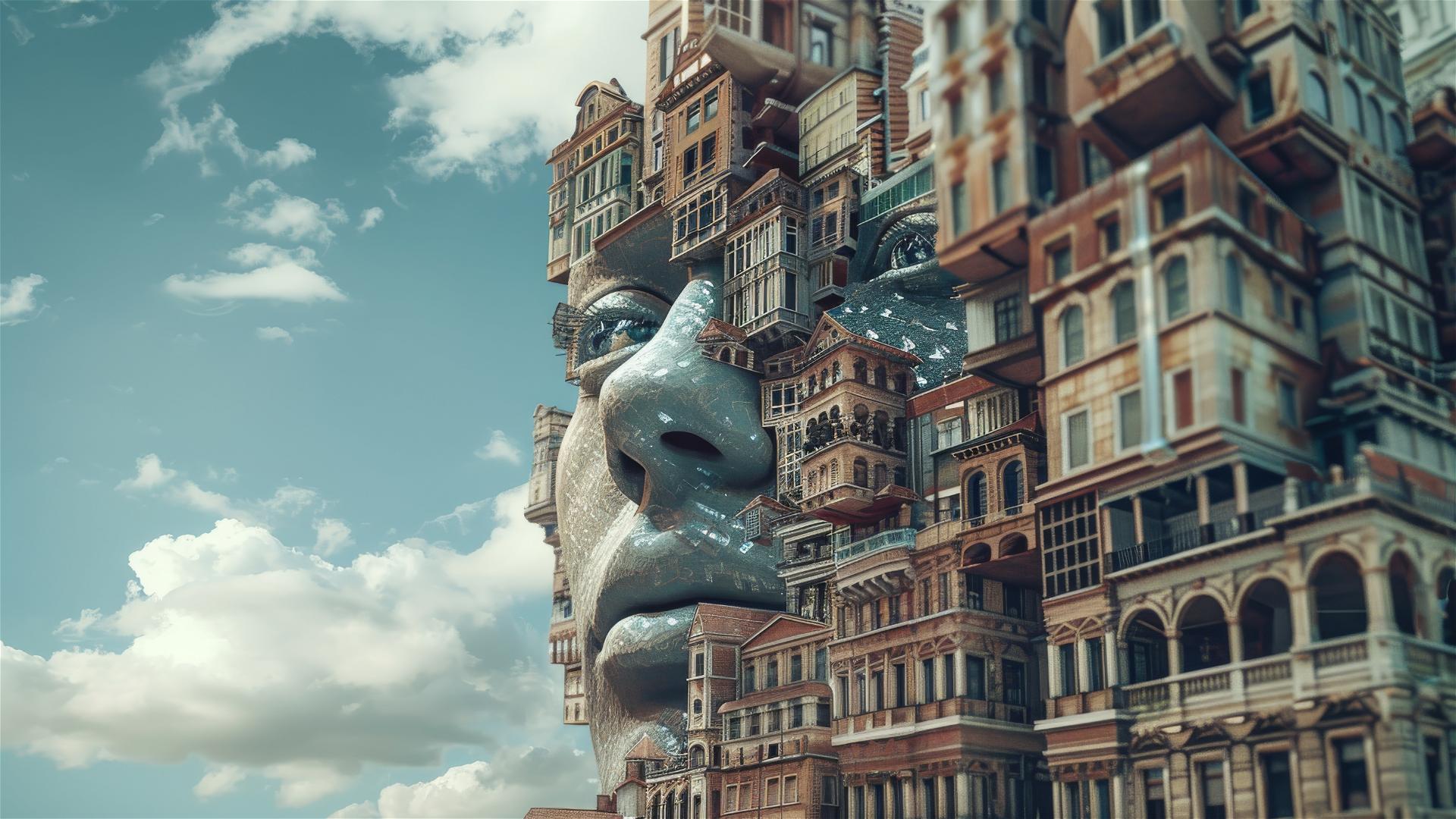 Vintage buildings forming an elegant human face.