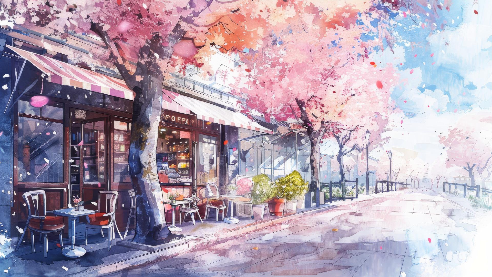 Watercolor painting of a European coffee shop with cherry trees in bloom.
