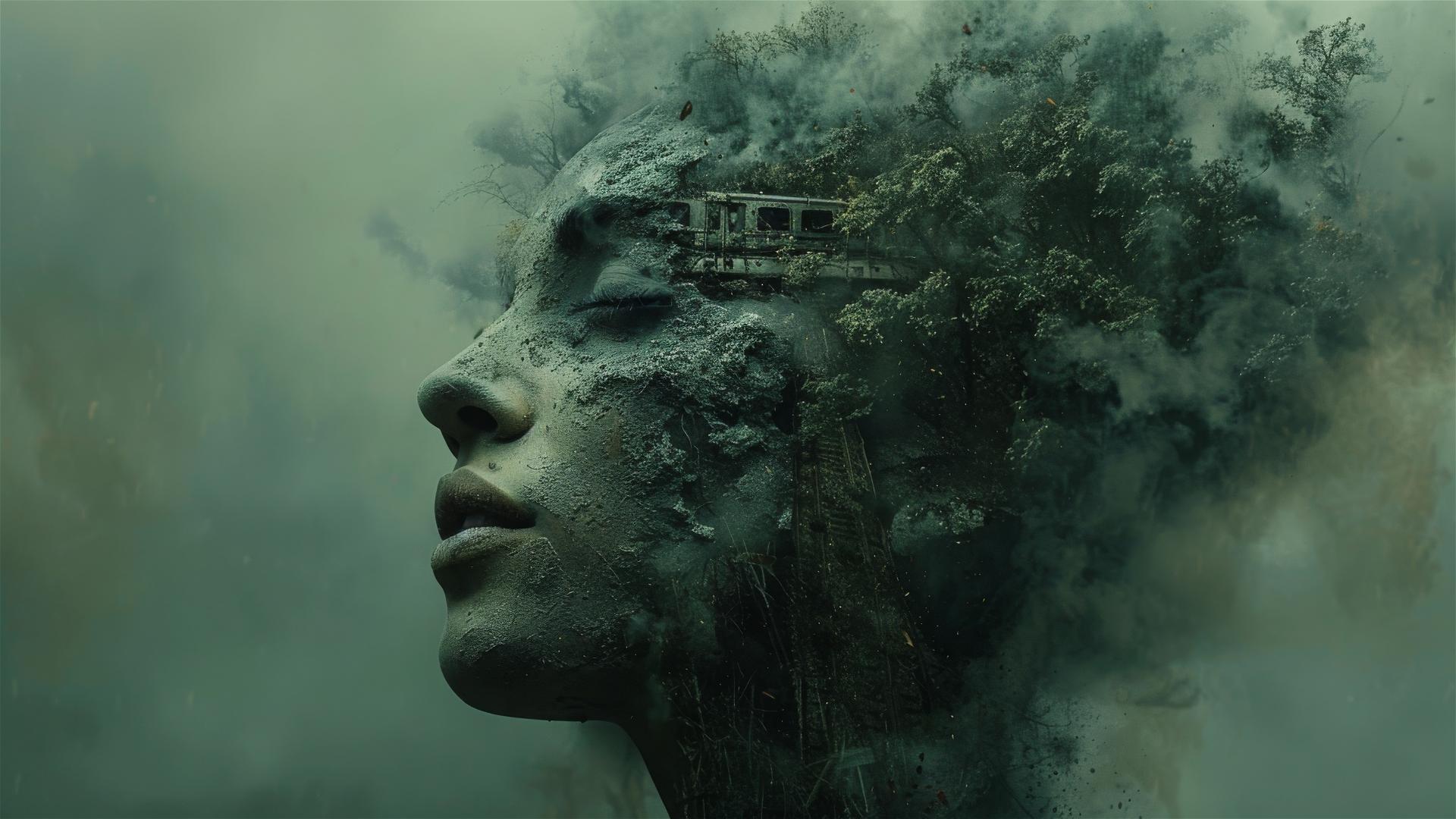 Surreal human head with train passing through, dark decayed background.