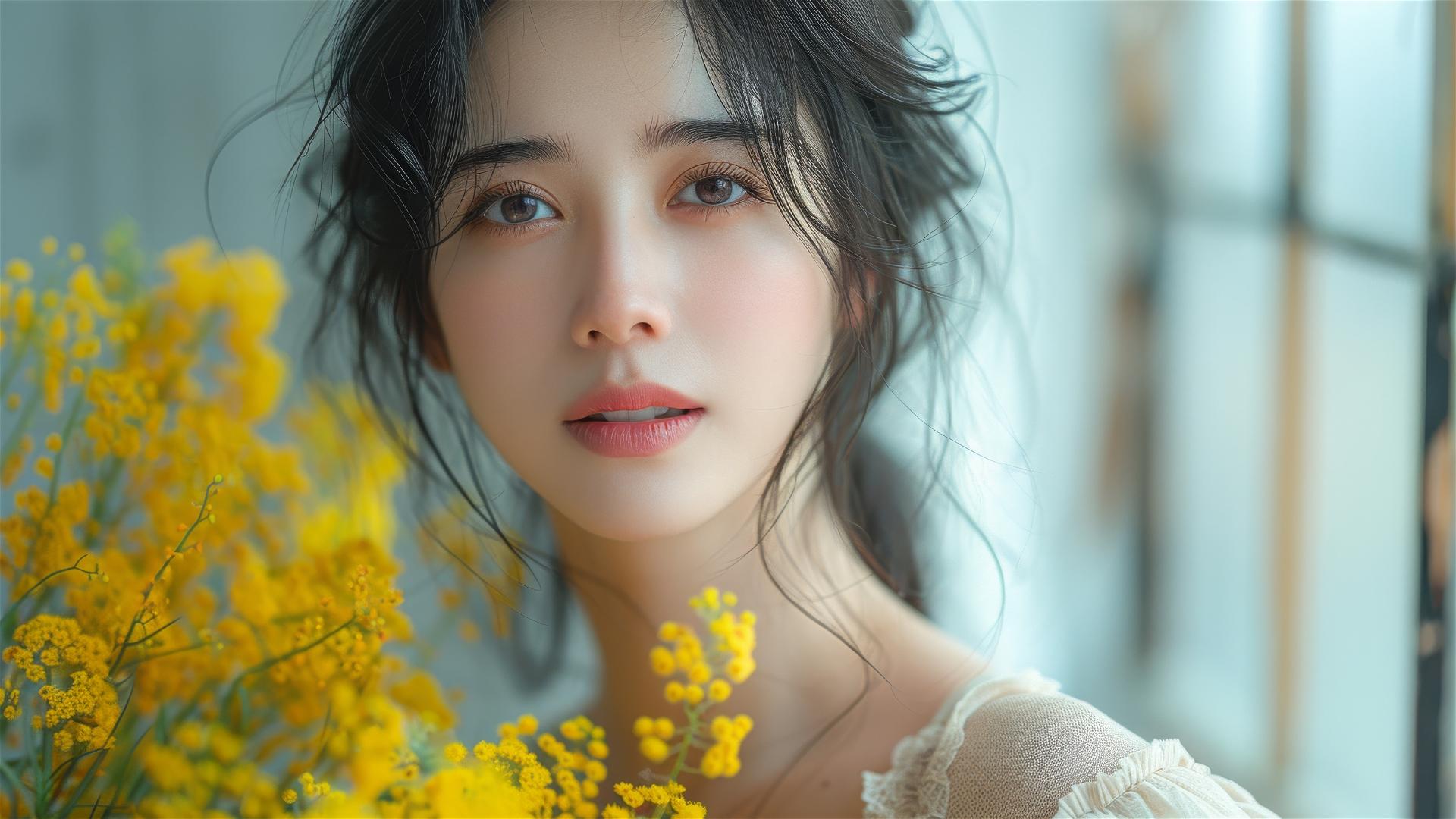 Joyful Asian woman with mimosa flowers in a minimalist room