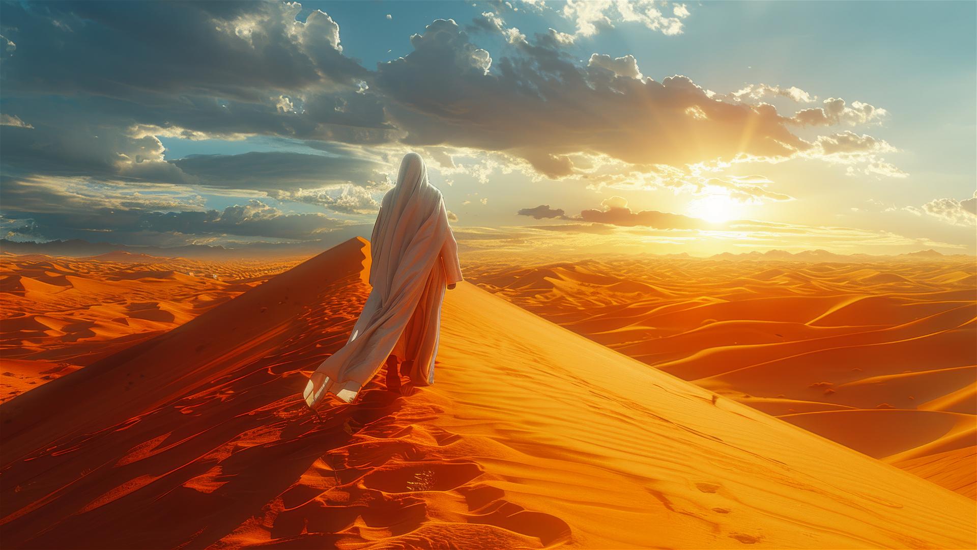 Lonely figure in white robe walking in desert towards horizon