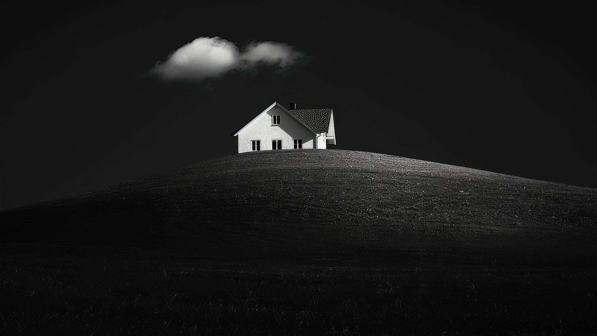 White house on grassy hill with black sky and single cloud above