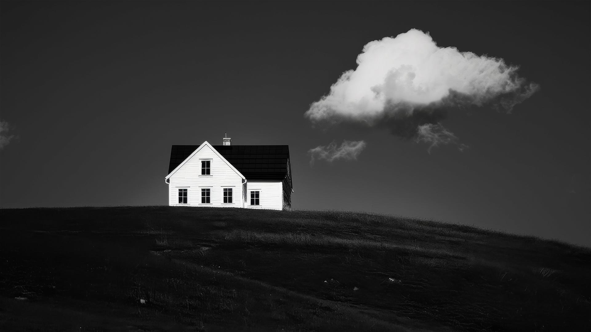 White house on grassy hill with black sky and single cloud above