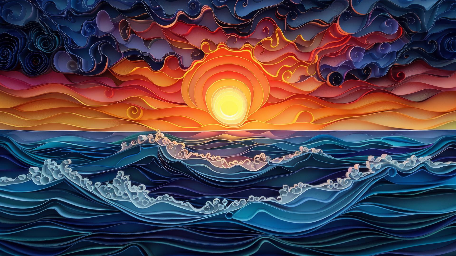 Paper quilling art of a sea sunset