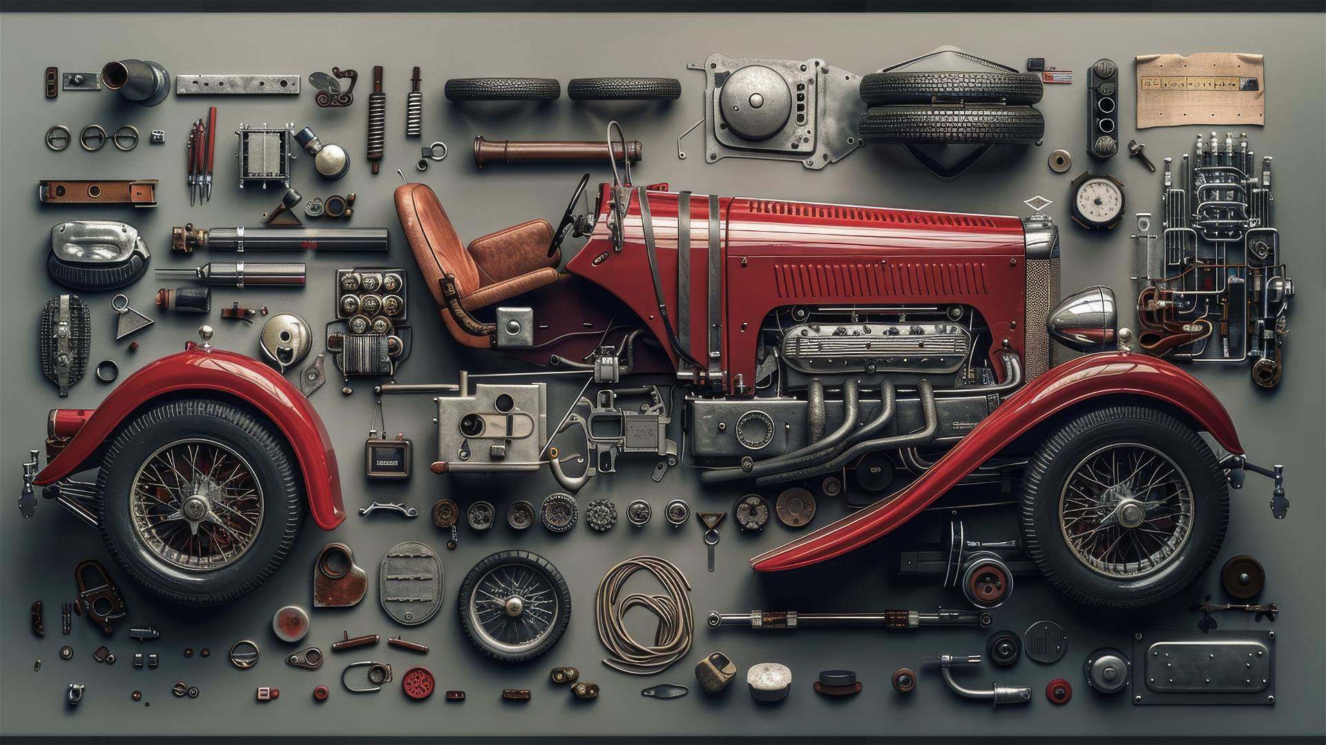 Horch car parts and electronics arranged in hyperrealistic detail.