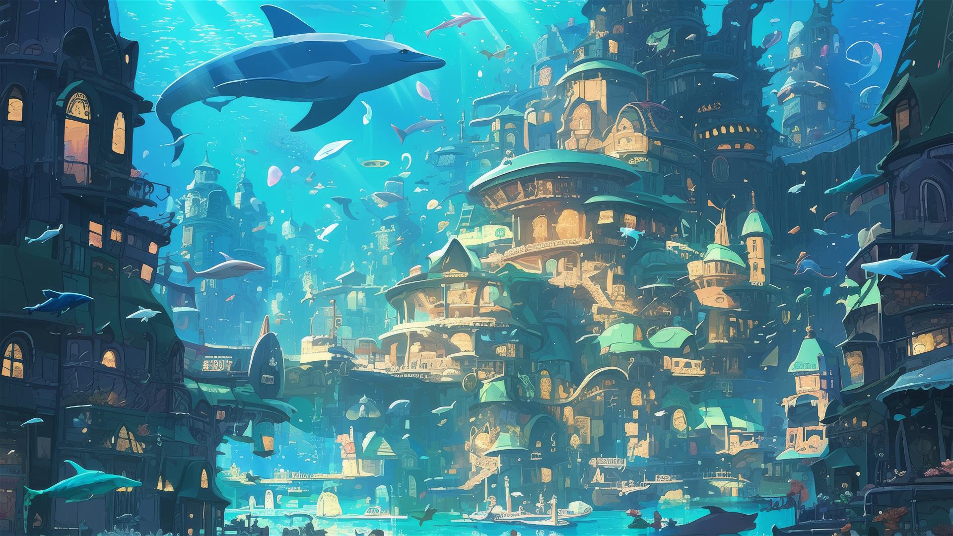 Studio Ghibli style underwater city with merfolk and sea creatures.