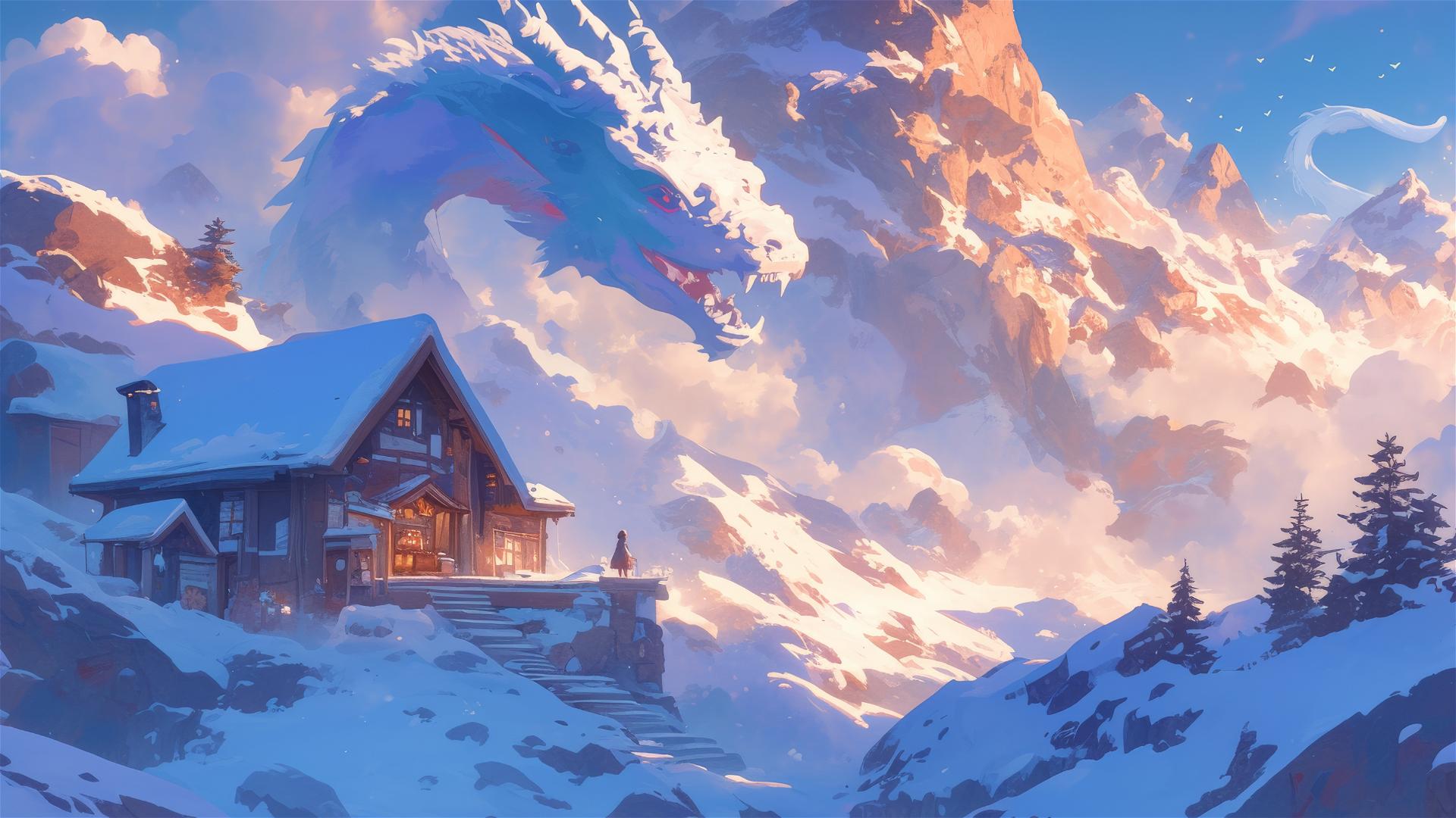 Snowy mountain with mythical creatures and cozy lodge, Studio Ghibli style.