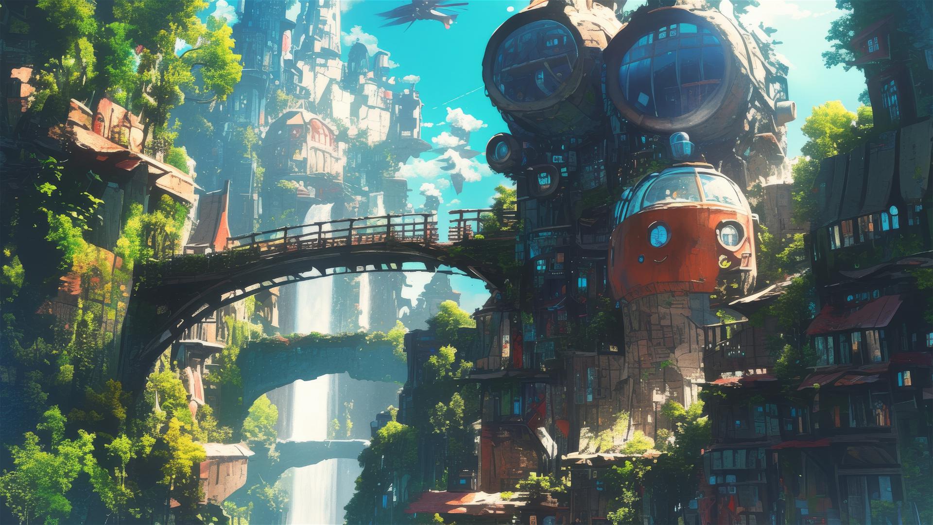 Futuristic city with nature, magic, and technology in Ghibli style