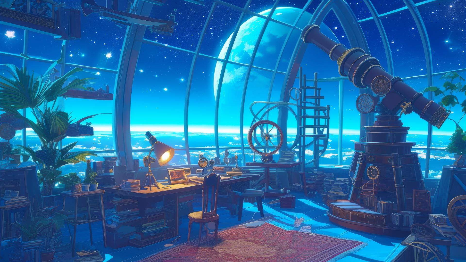 Fantastical observatory with telescopes viewing starry skies and other dimensions, inspired by Studio Ghibli.
