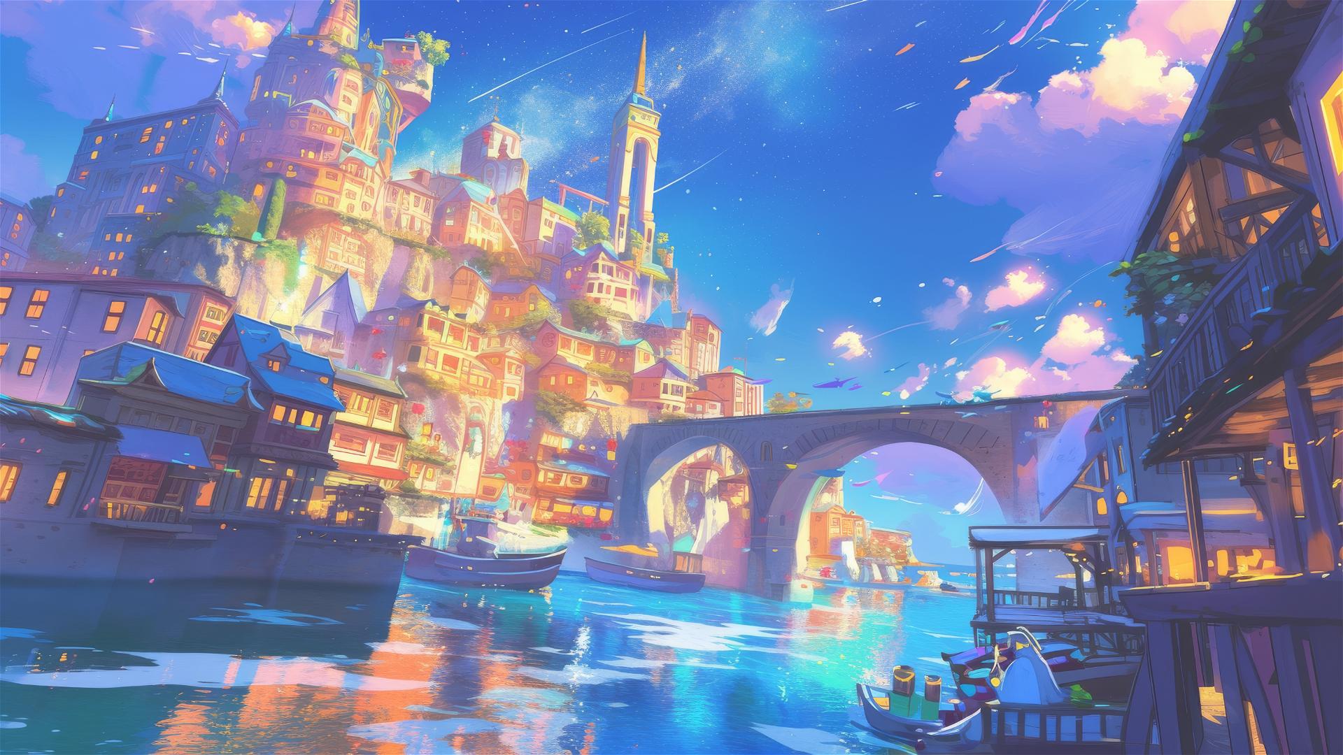 Colorful Ghibli-style seaside town with a glowing sea at night