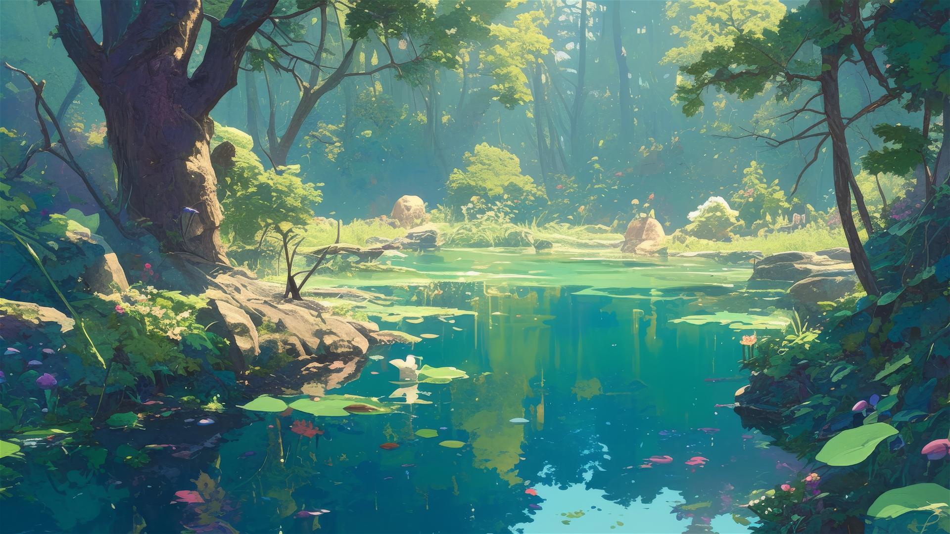 Ghibli-style enchanted forest pond with reflective water