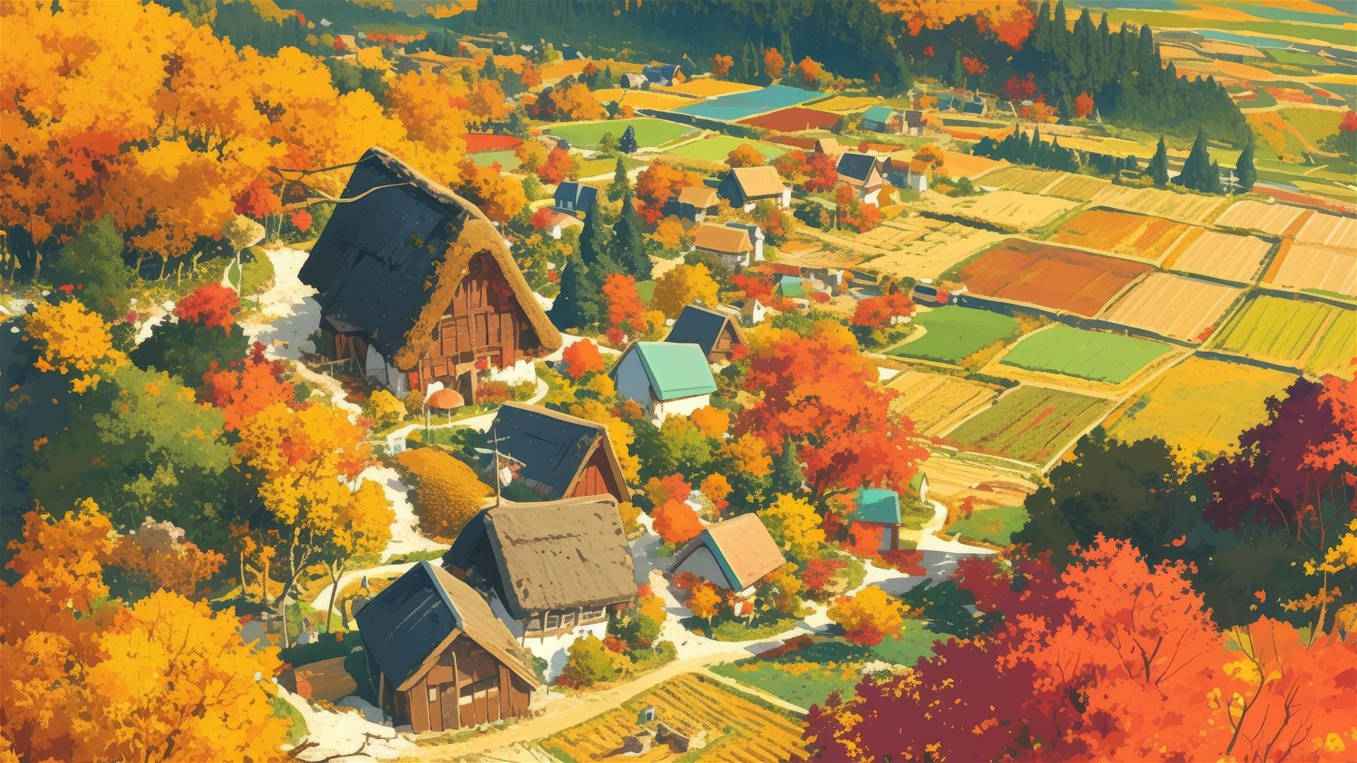Ghibli-style countryside in autumn with colorful foliage and farmhouses.