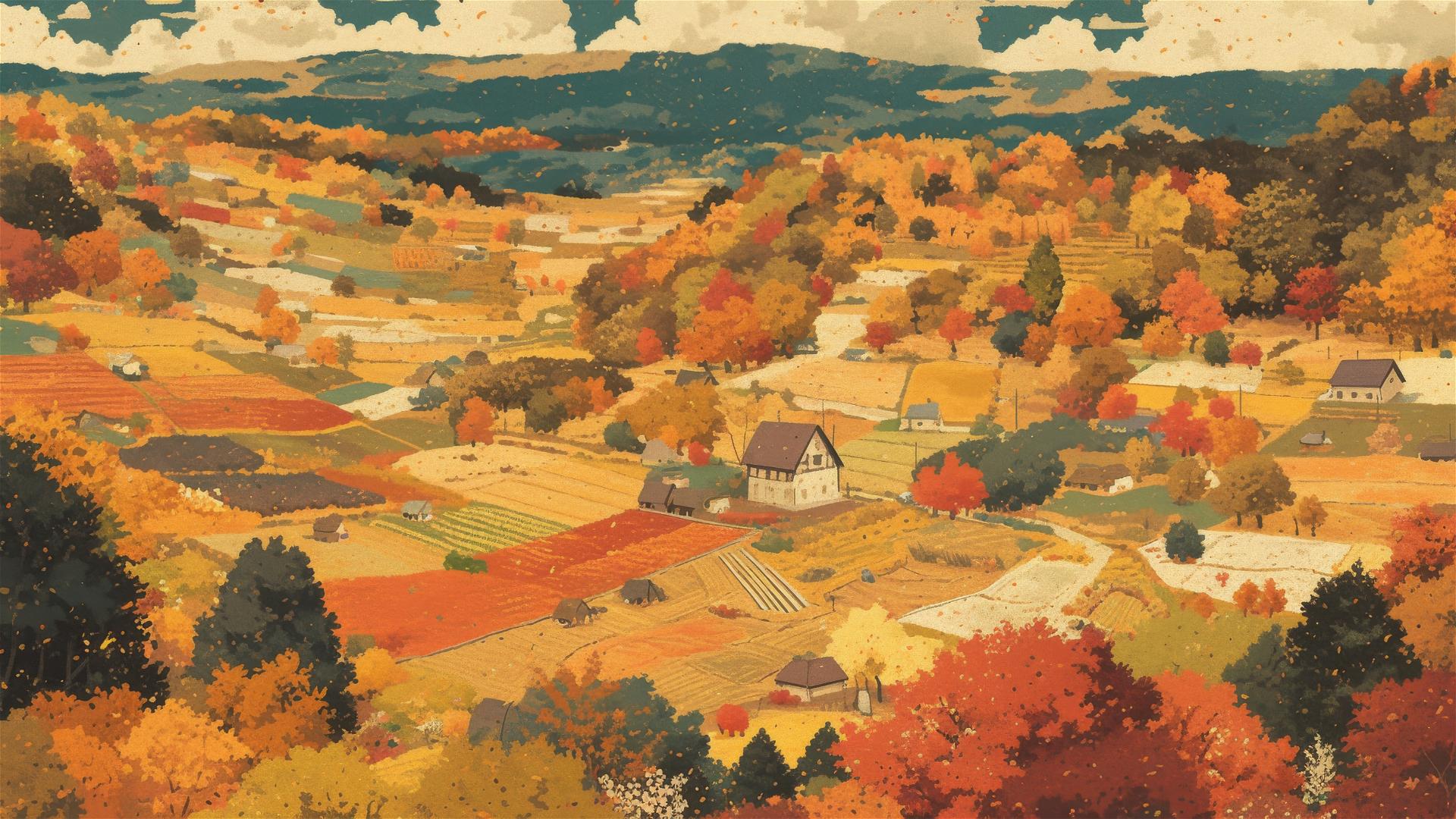 Ghibli-style countryside in autumn with colorful foliage and farmhouses.