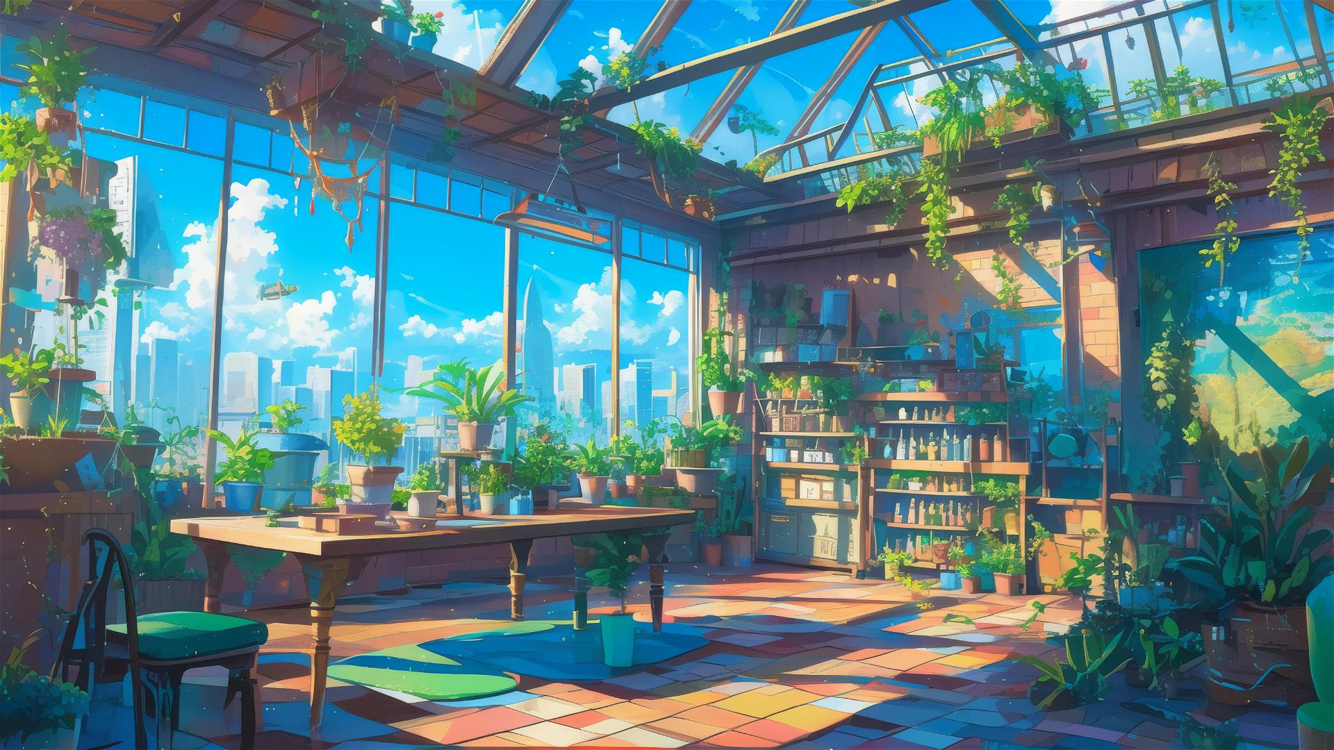 Ghibli-style anime rooftop garden above a bustling city.