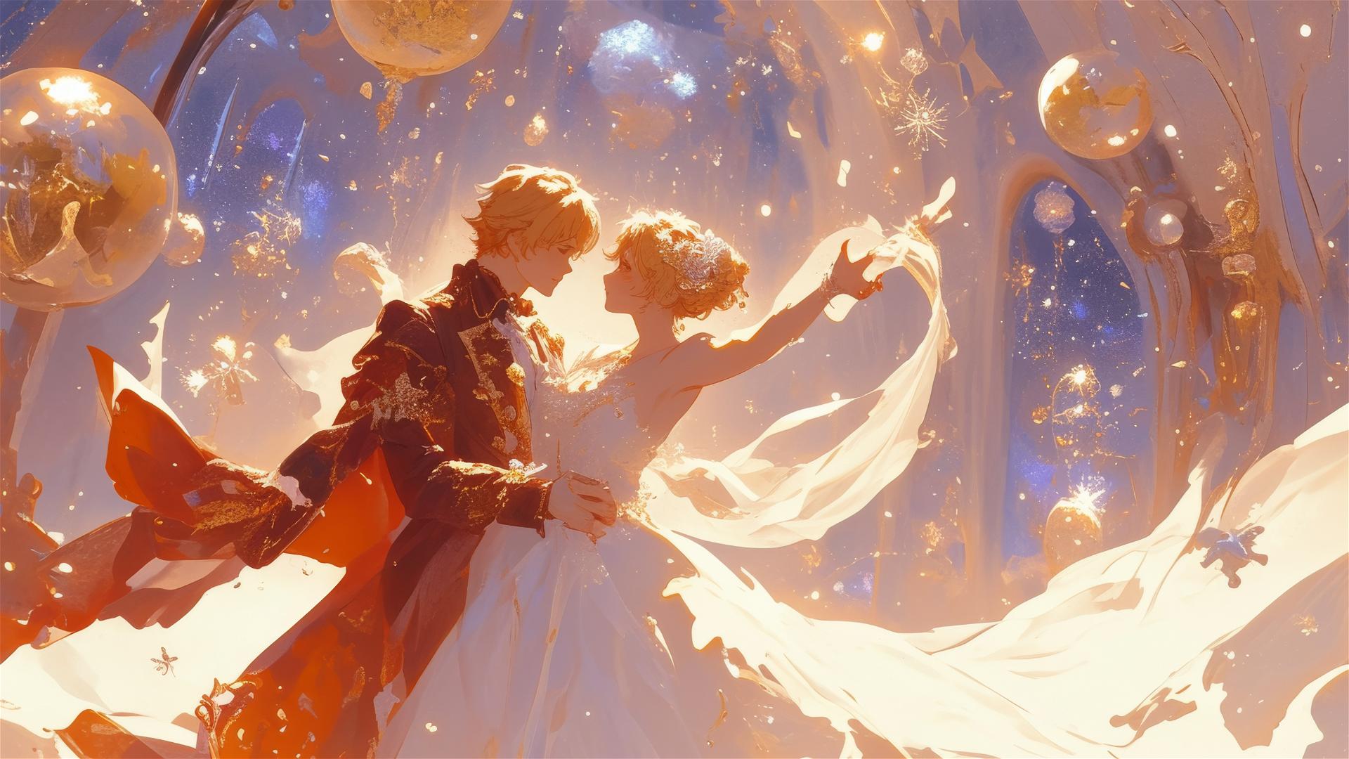 Anime characters at a Ghibli-style winter ball with eternal snowflakes.
