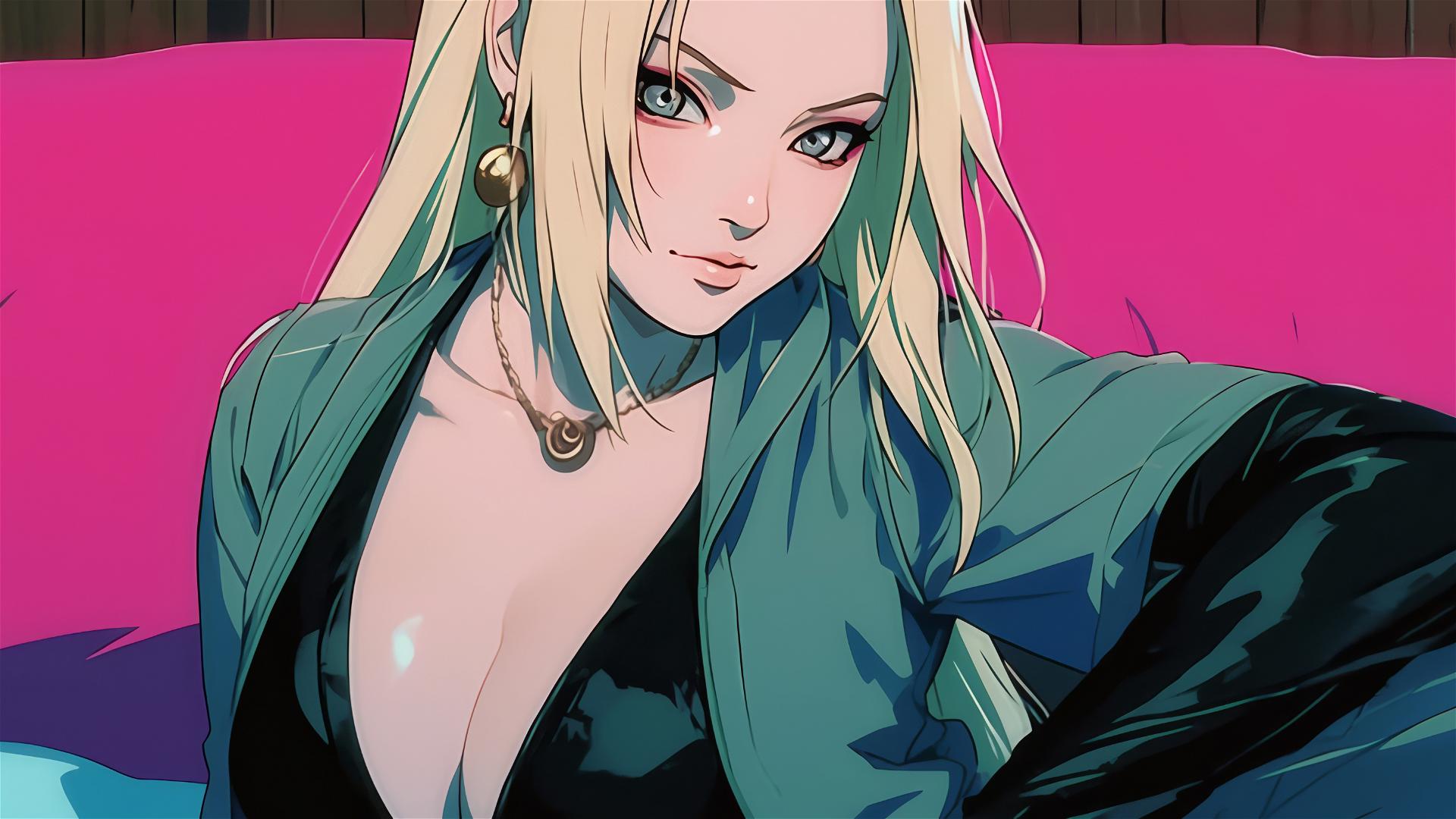 Tsunade from Naruto in black and pink outfit on bed, neon pink backdrop