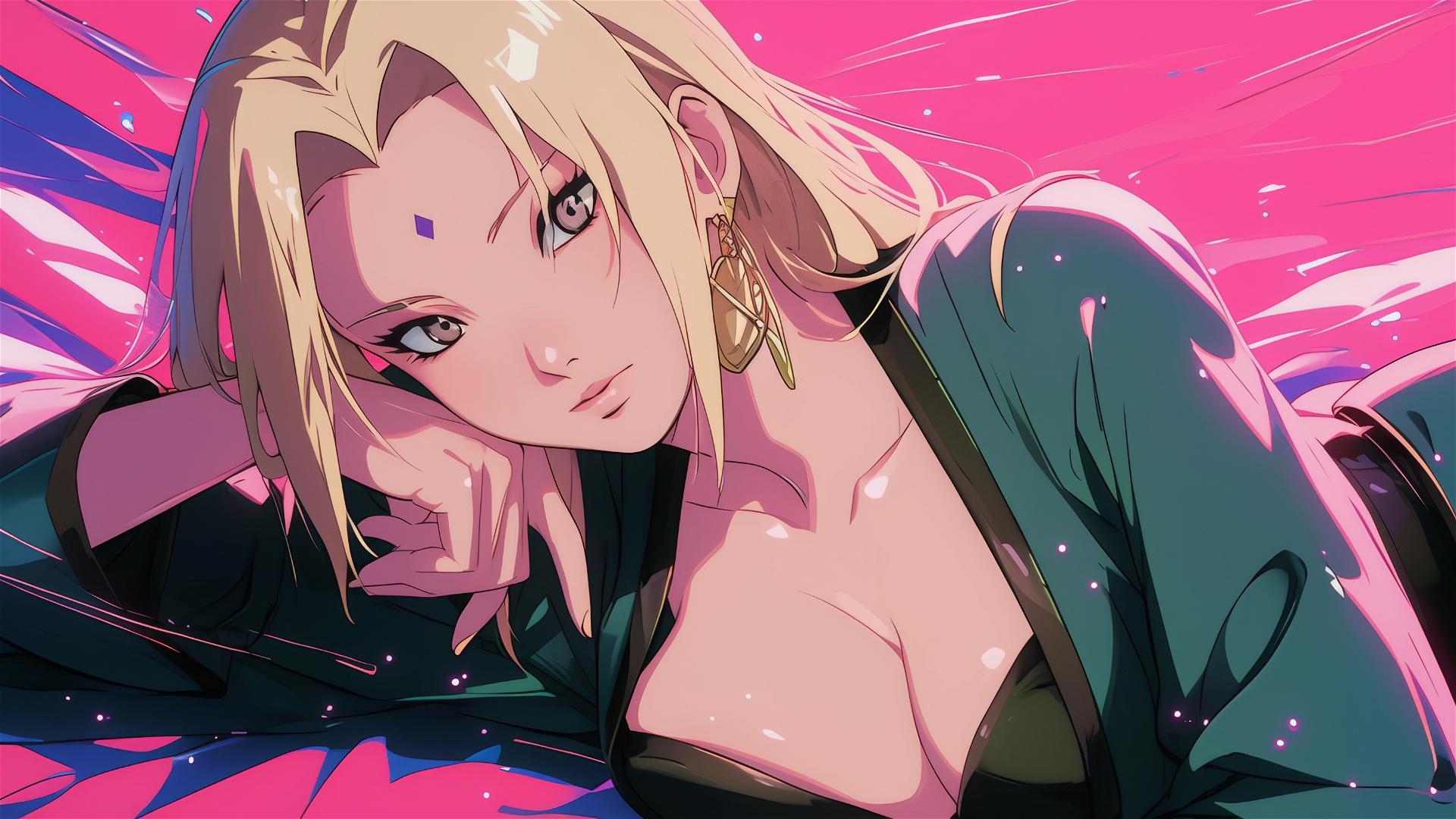Tsunade in black and pink leather with swirling air and neon glow.