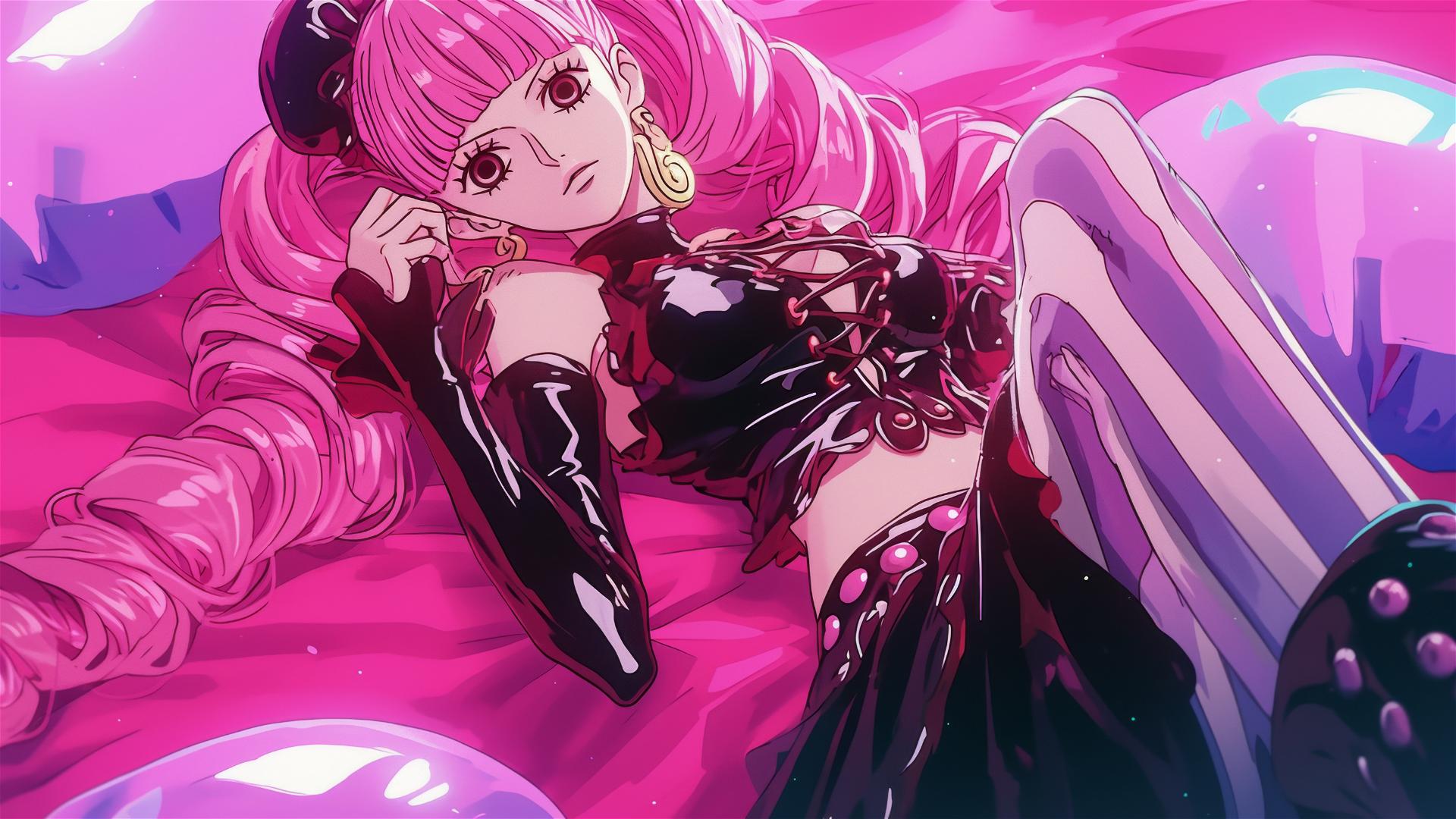 Perona from One Piece in bed, black and pink outfit, neon glow, air swirls.