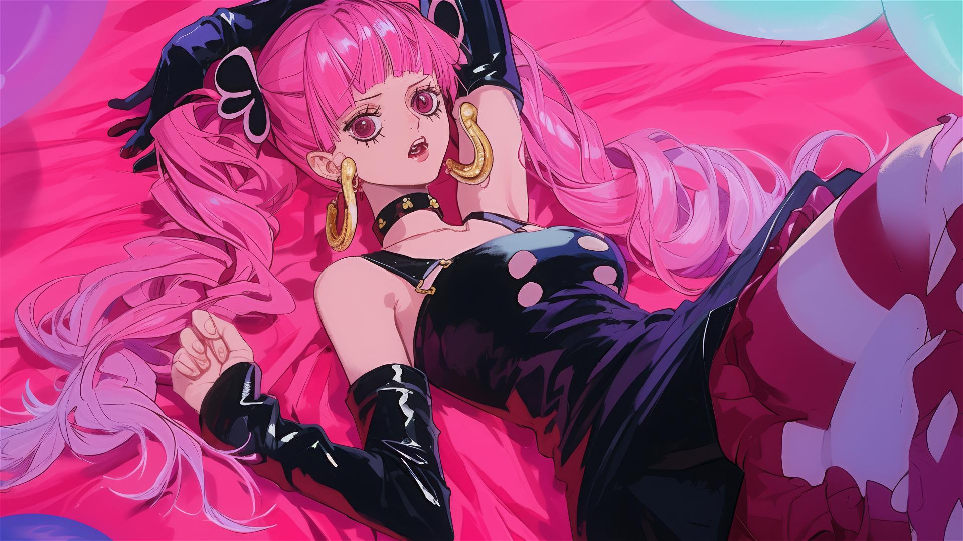 Perona from One Piece in bed, black and pink outfit, neon pink glow.