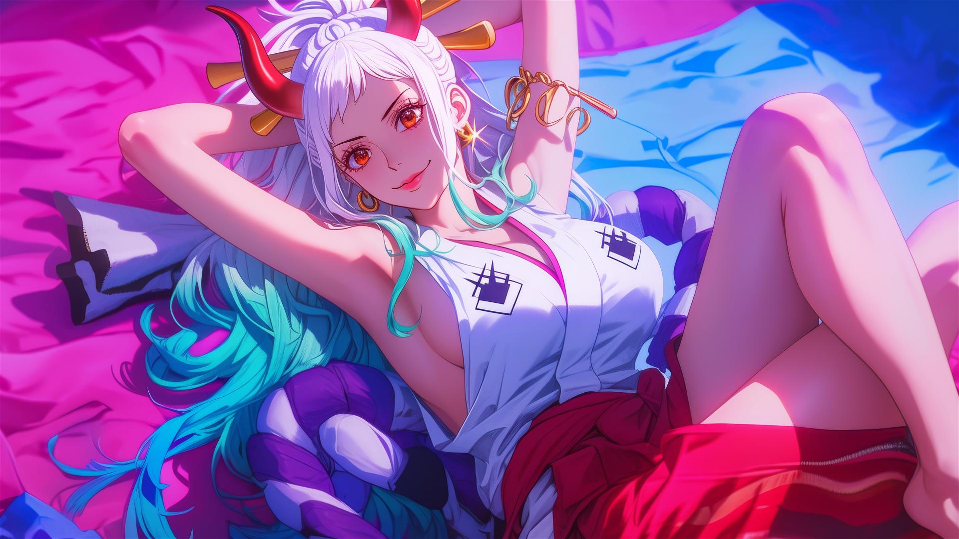 Yamato from One Piece on plush bed under neon pink light, hair in breeze.