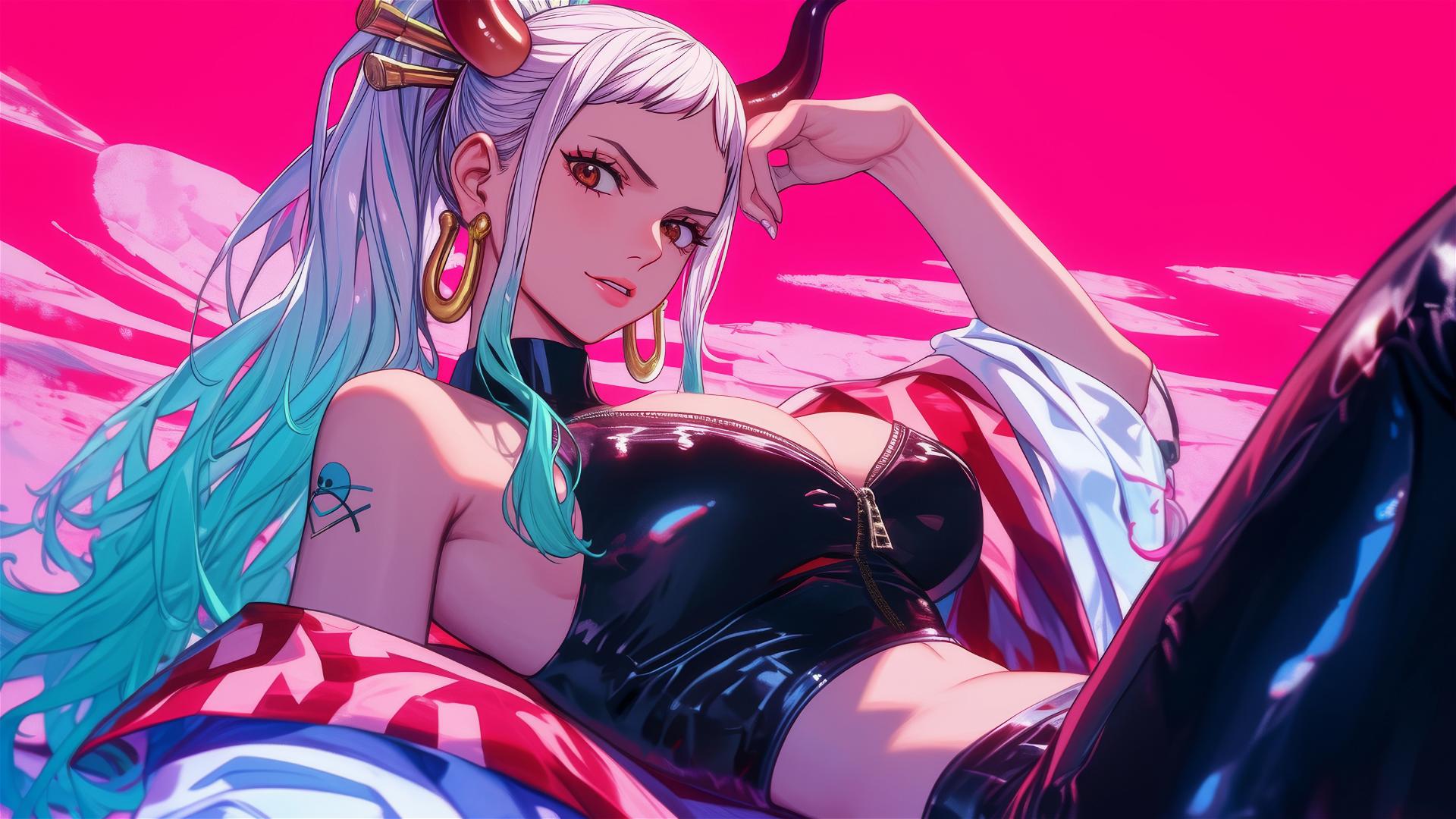 Yamato from One Piece in black and pink outfit on plush bed, neon pink backdrop.
