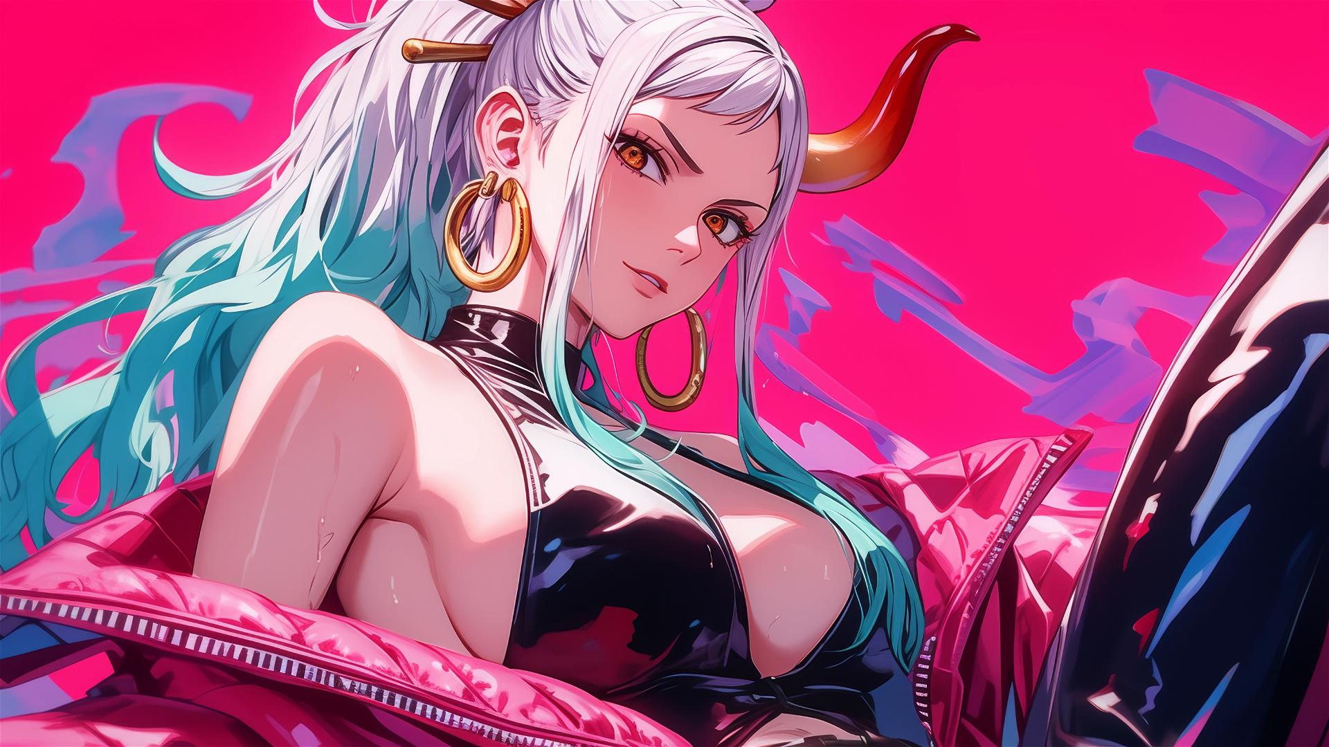 Yamato from One Piece in black and pink leather, neon pink backdrop.