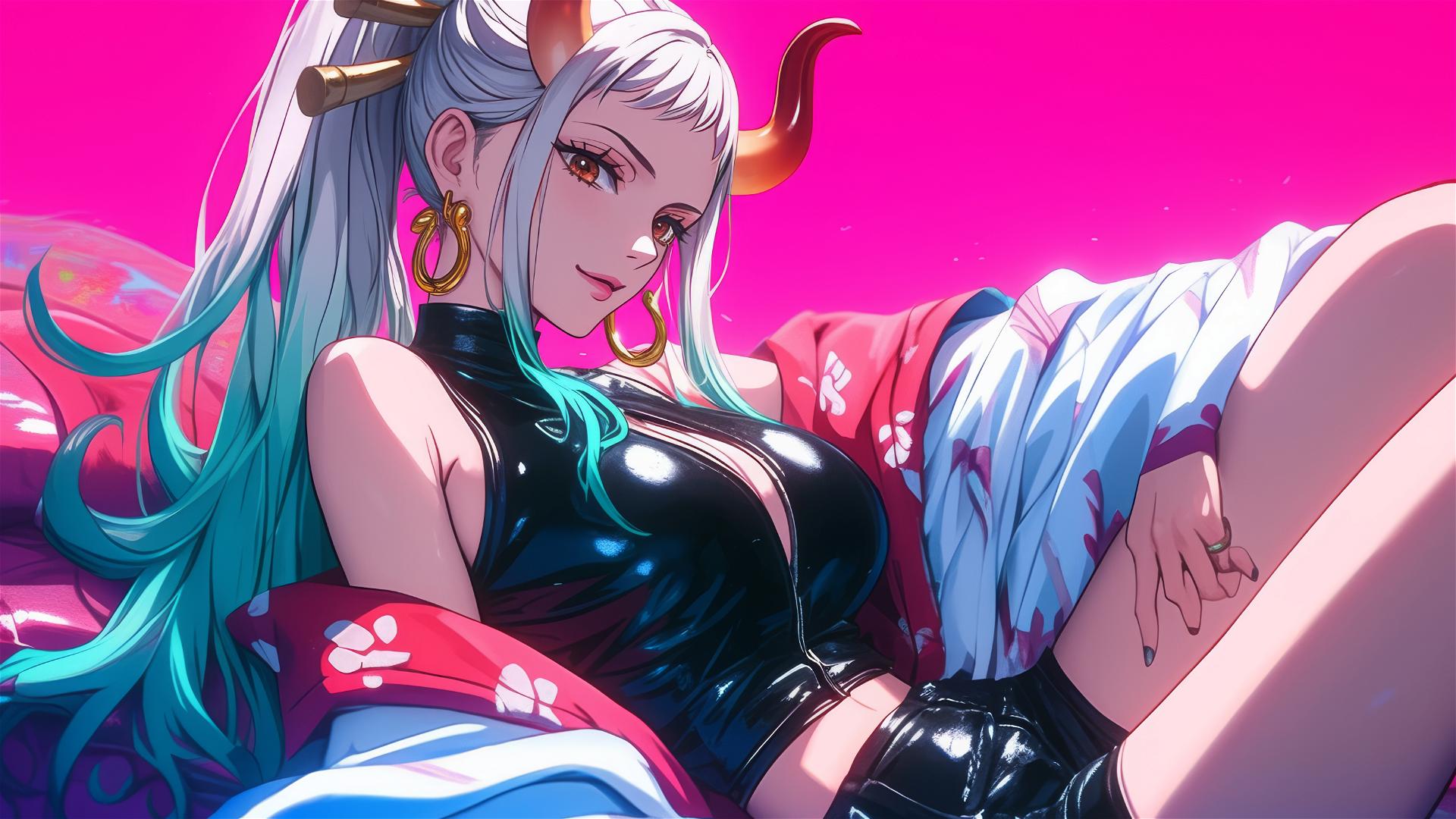 Yamato from One Piece in black and pink outfit on bed, neon pink backdrop.