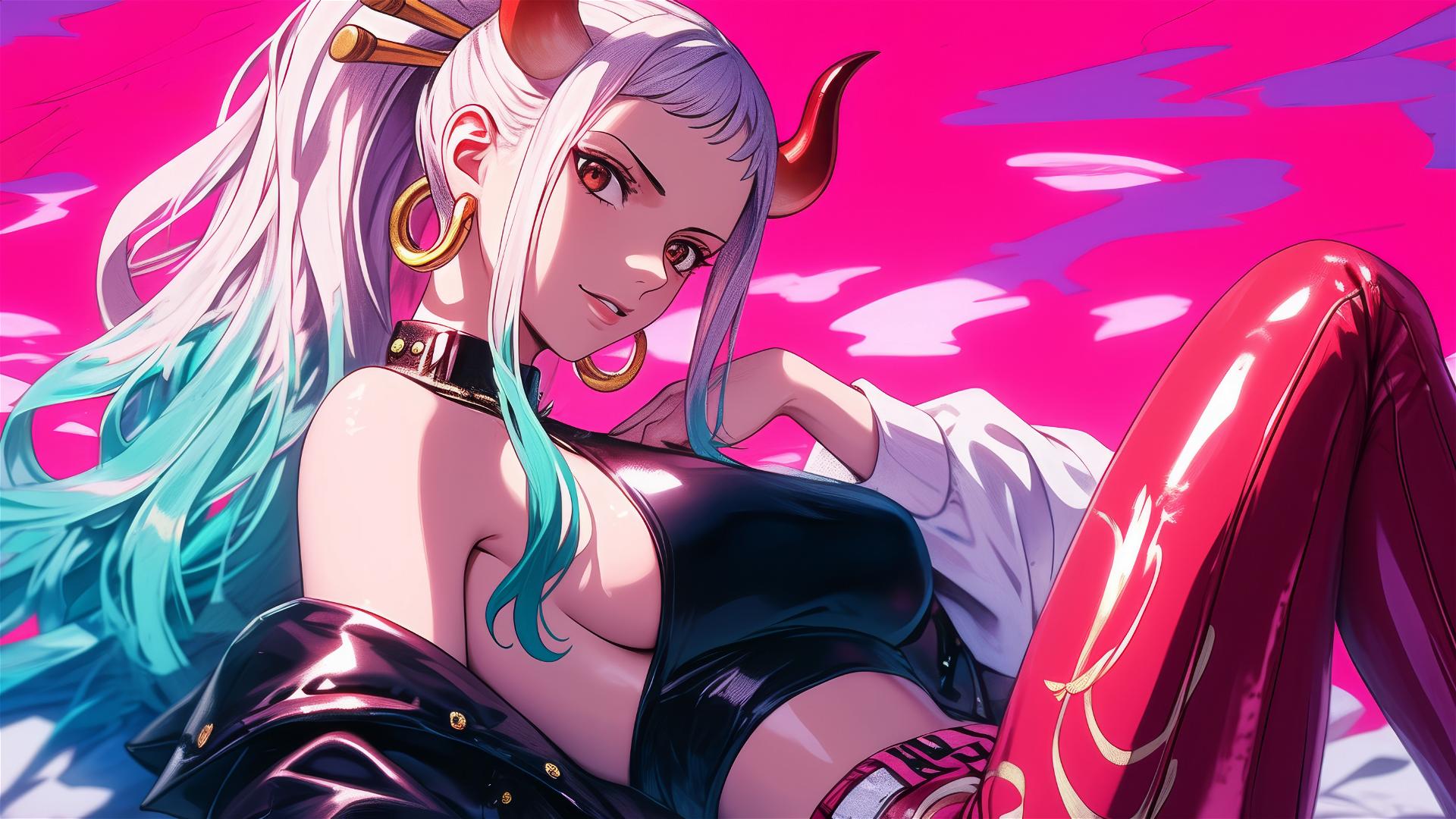 Yamato from One Piece in black and pink leather on a plush bed, neon pink backdrop.