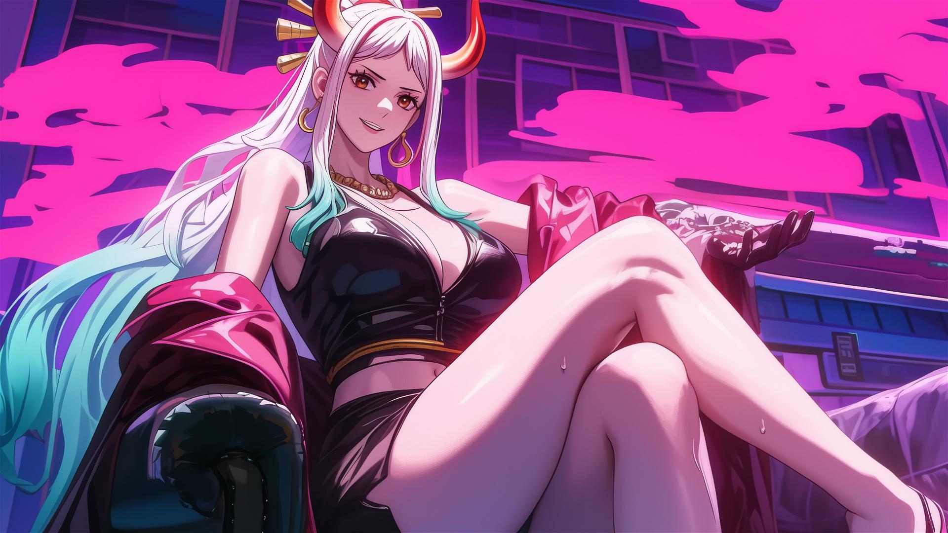 Yamato from One Piece in neon-lit black and pink leather attire.
