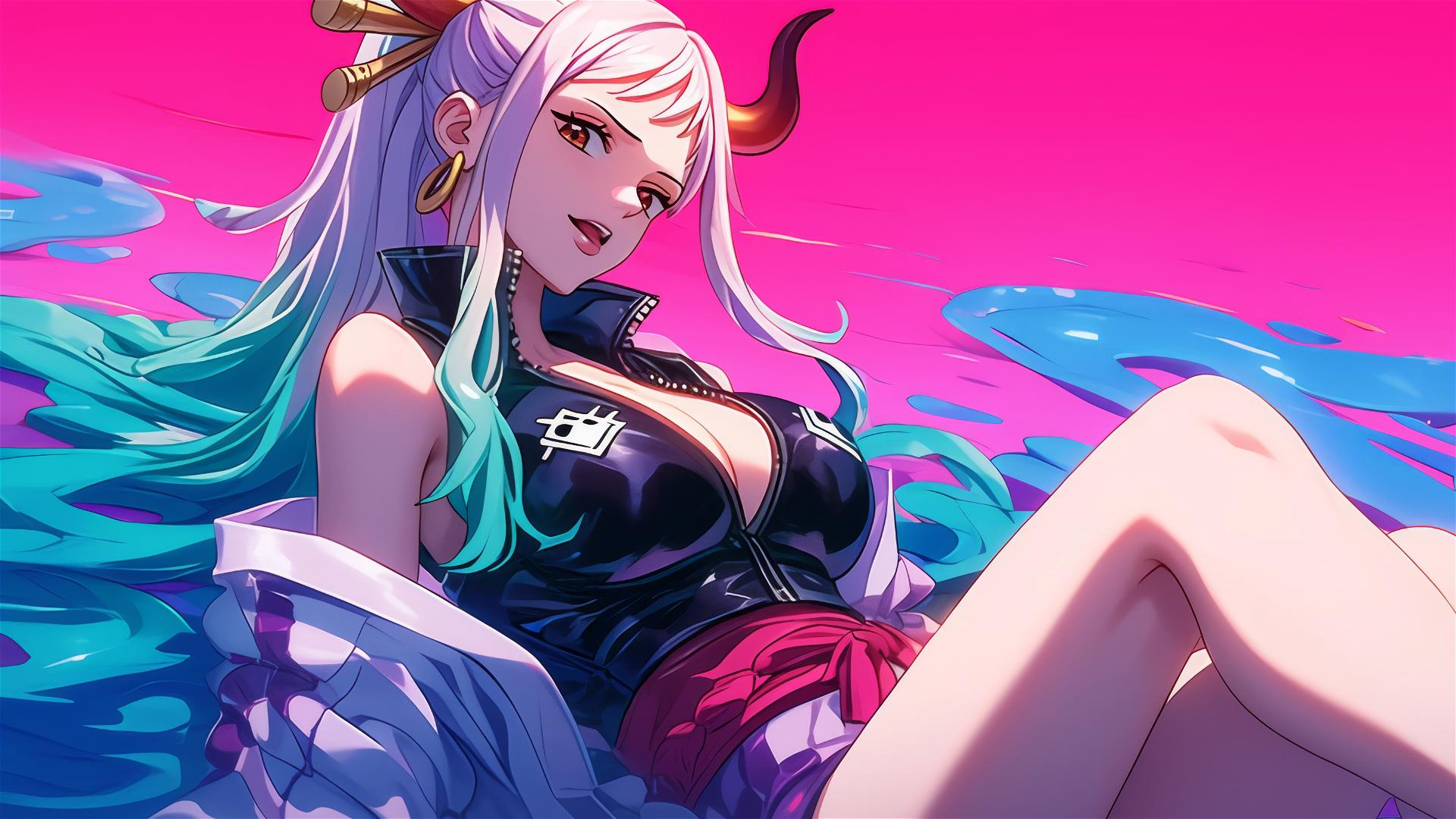 Yamato from One Piece in black and pink leather, with swirling air and neon pink glow.
