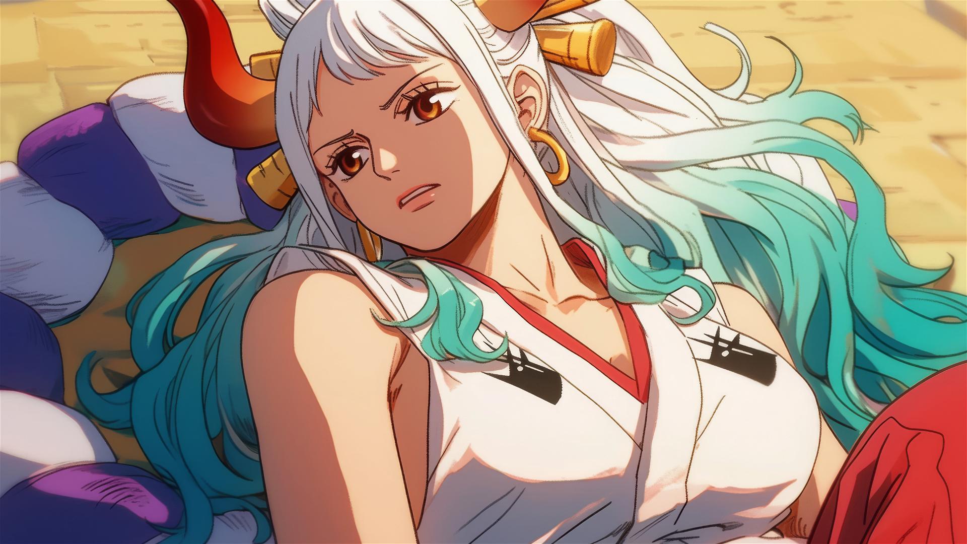Yamato from One Piece resting in bed.