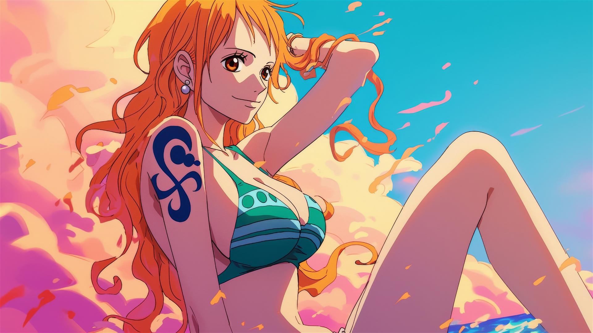 Nami from One Piece on beach with neon glow, air swirls, pink backdrop.