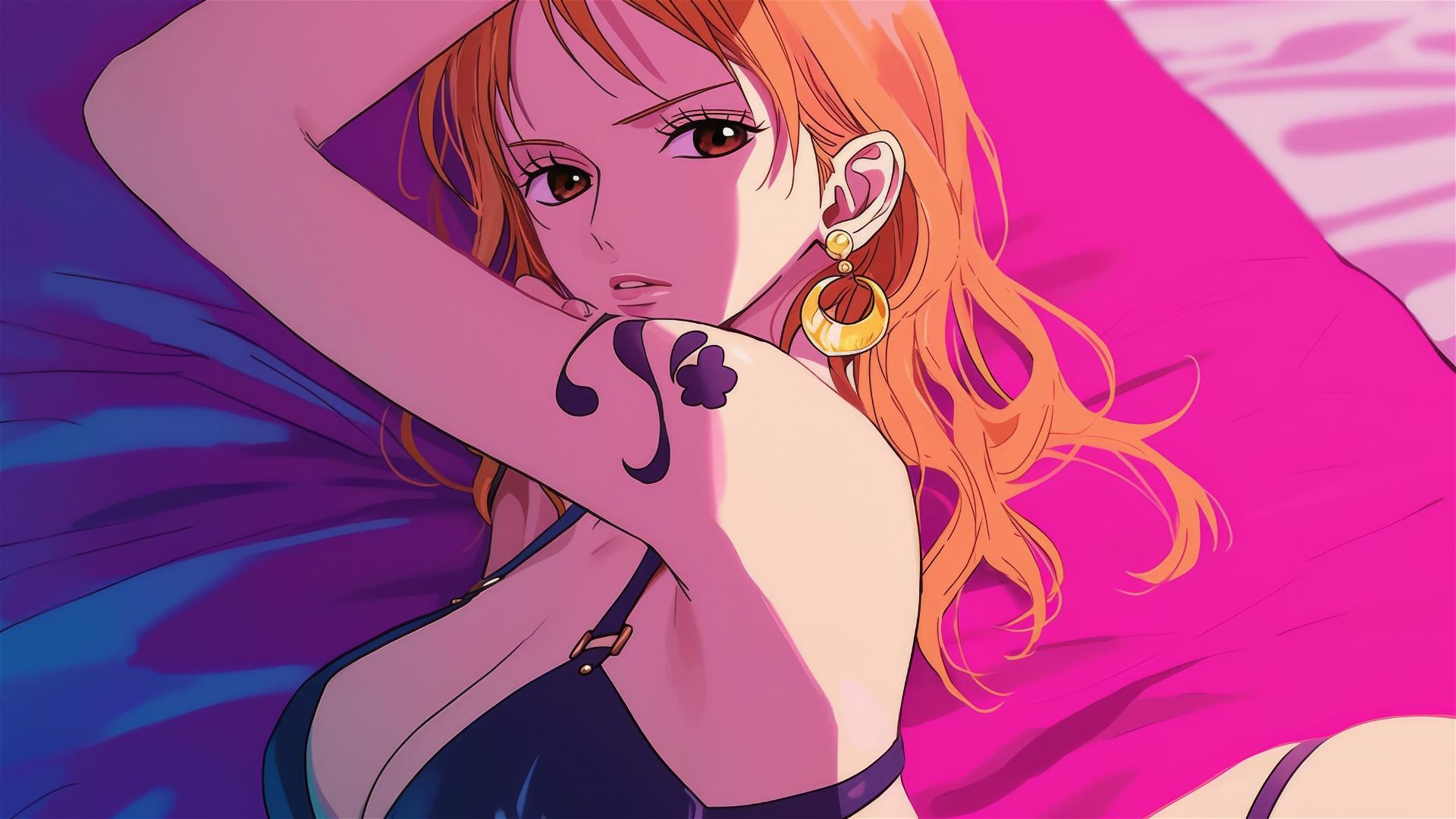 Nami in black and pink leather with gold earrings under neon pink light.