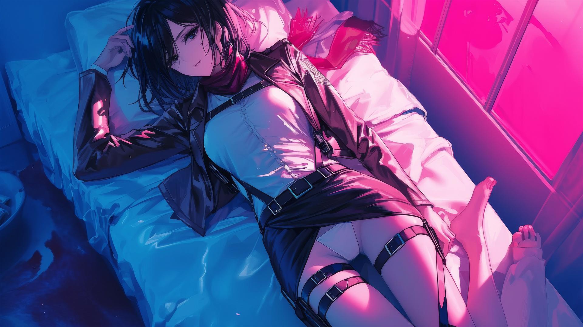 Mikasa Ackerman in black and pink leather on a bed, neon pink light, hyper-realistic anime style.