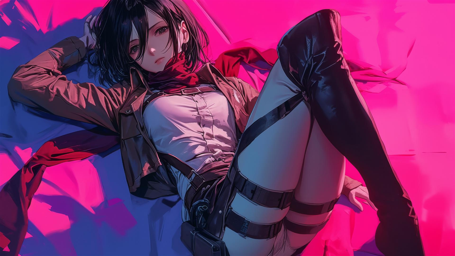 Mikasa Ackerman in black and pink leather on a bed, neon pink light.