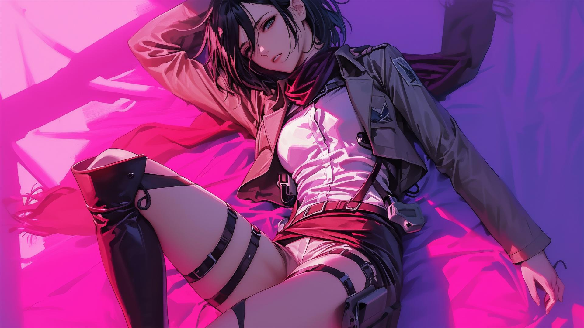 Mikasa Ackerman in black and pink leather on a bed, neon pink light illuminating her.