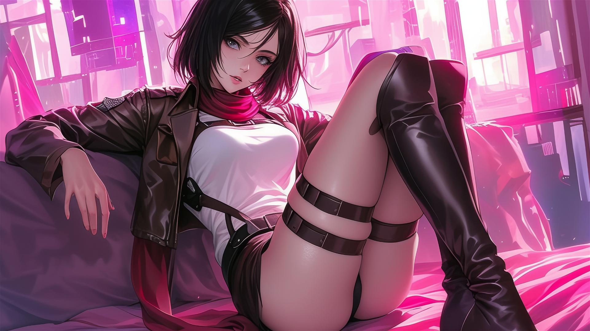 Mikasa Ackerman lounging in neon-lit attire, hyper-realistic anime style.