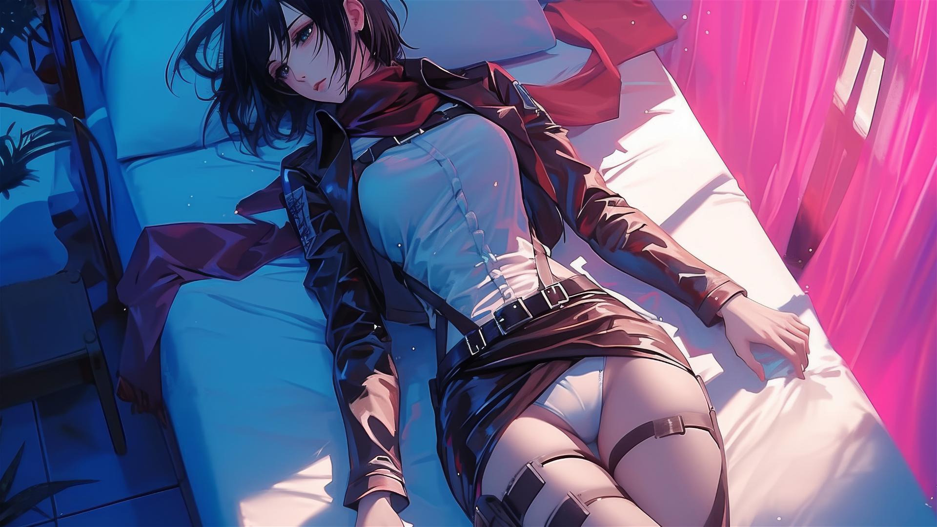 Mikasa Ackerman in black and pink leather on a bed, neon pink light illuminating her.