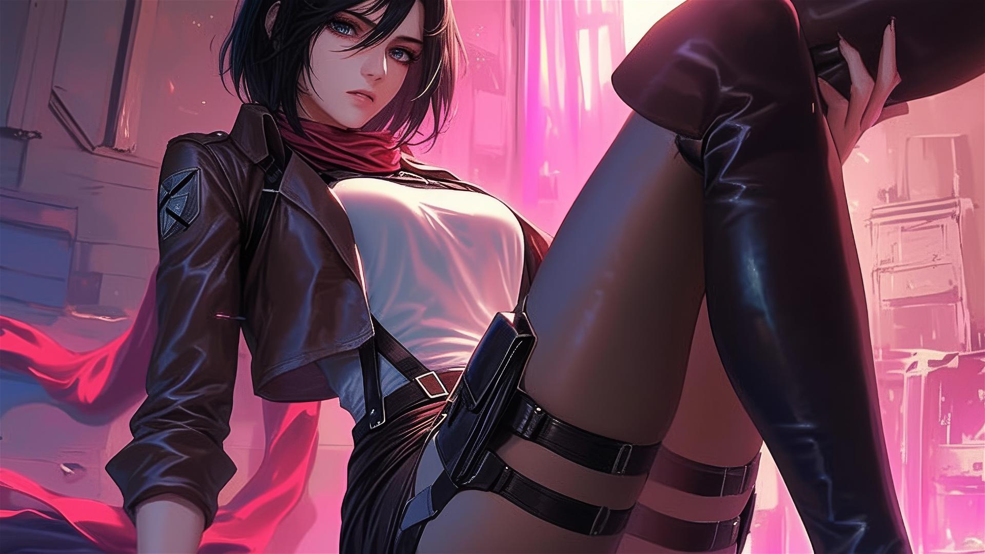 Mikasa Ackerman lounging in neon pink lighting, black and pink leather attire.