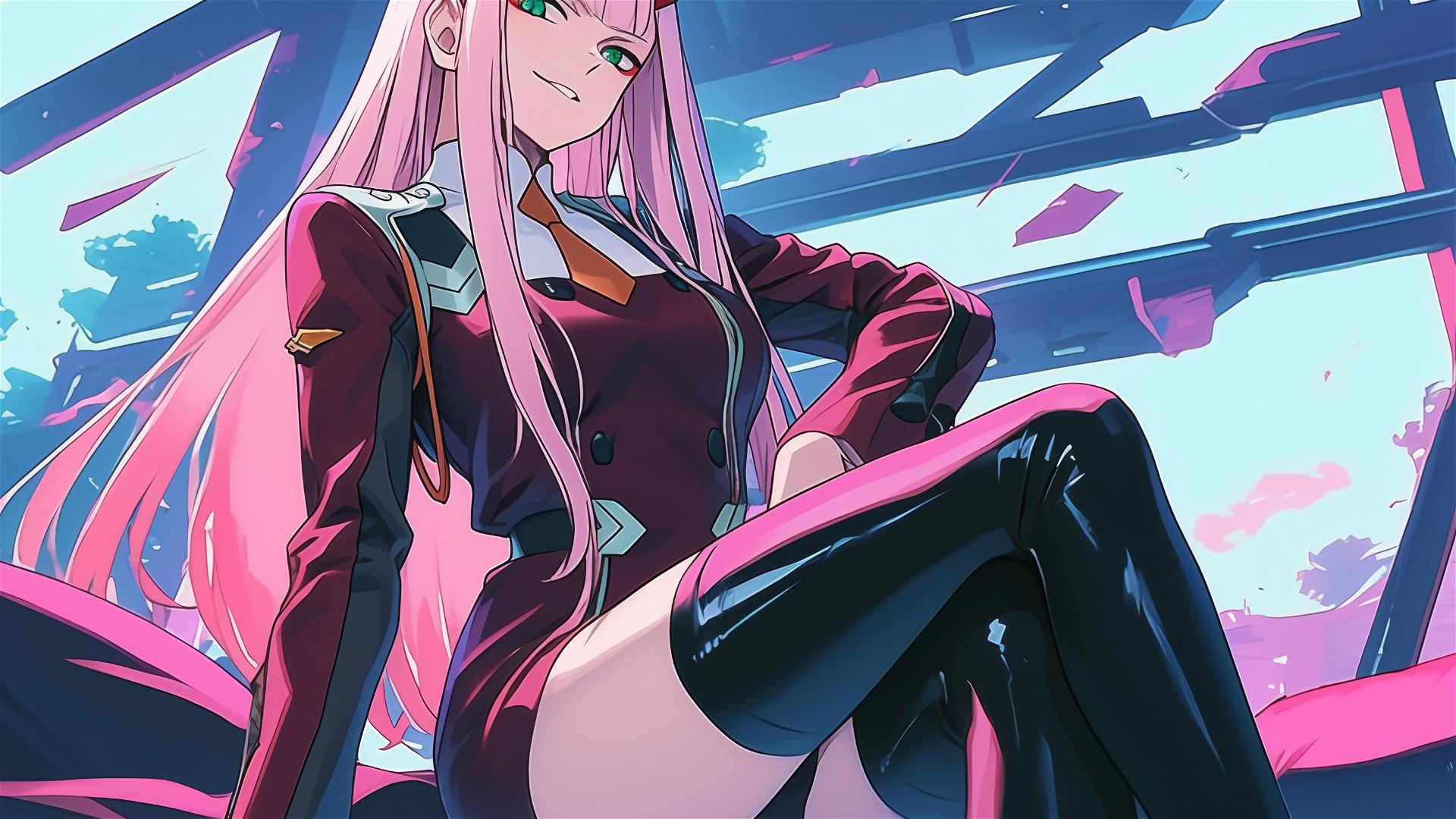 Zero Two lounging in neon-lit attire, hyper-realistic anime style.
